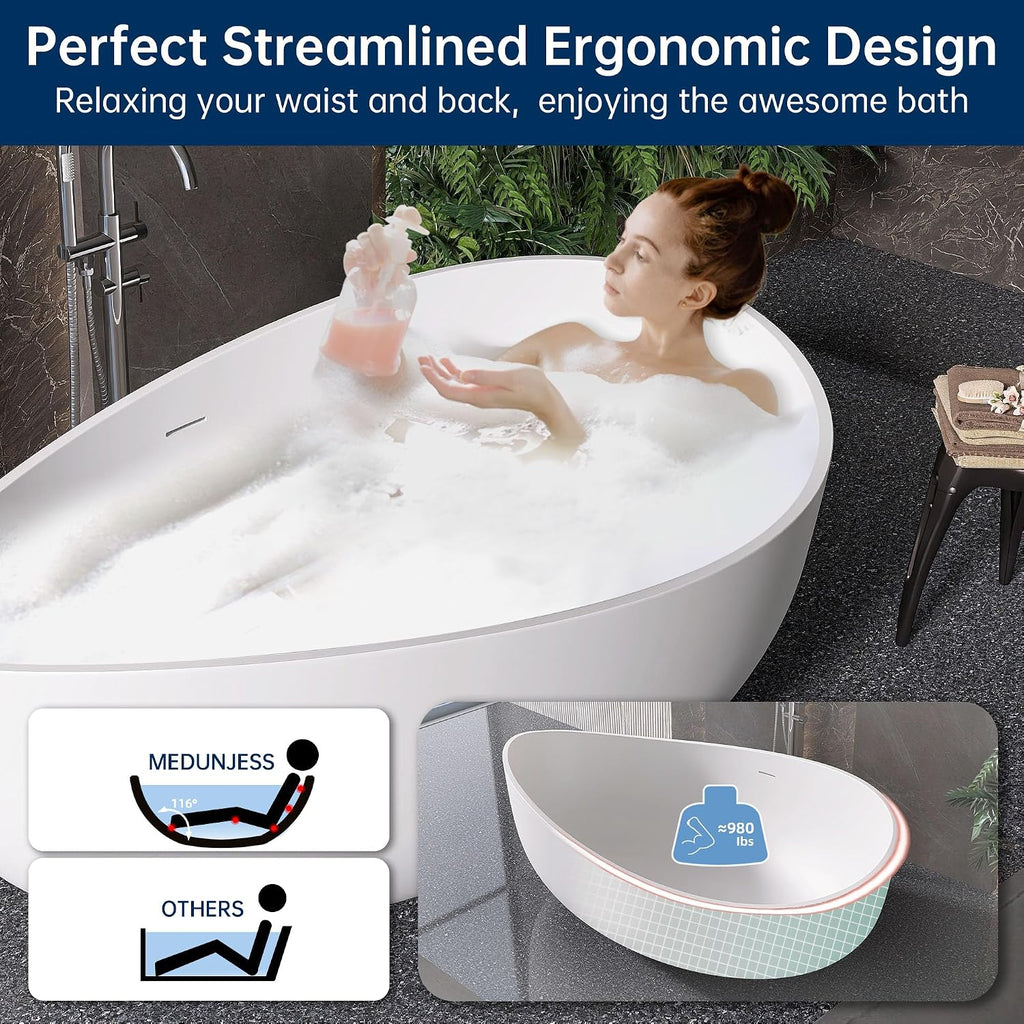 Stone Resin Freestanding Bathtub 71', Elegant Oval Shape Soaking Tub, Solid Surface Stand Alone Bathtub with Drain & Integrated Slotted Overflow Matte White AMMG015-1800