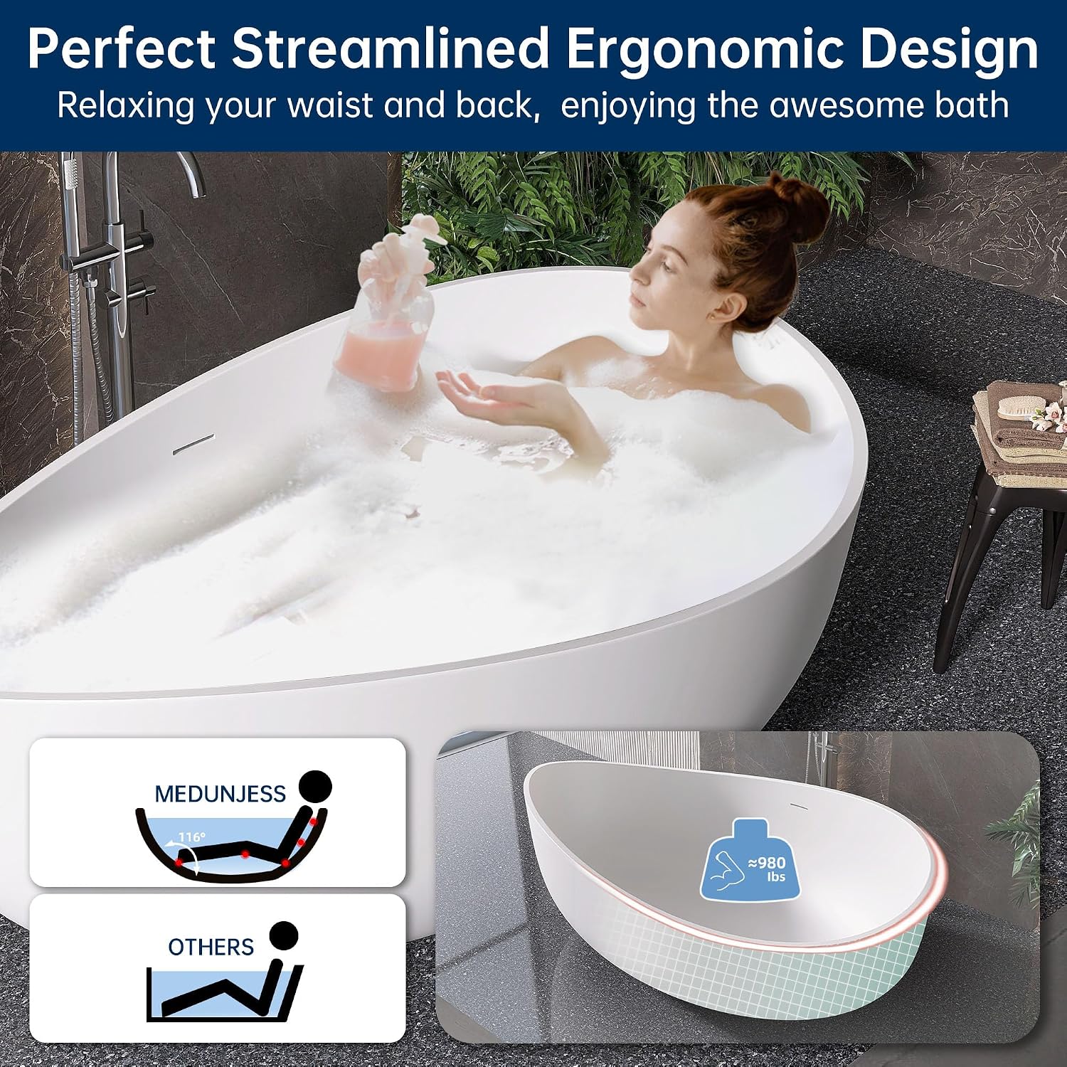 Stone Resin Freestanding Bathtub 71', Elegant Oval Shape Soaking Tub, Solid Surface Stand Alone Bathtub with Drain & Integrated Slotted Overflow Matte White AMMG015-1800