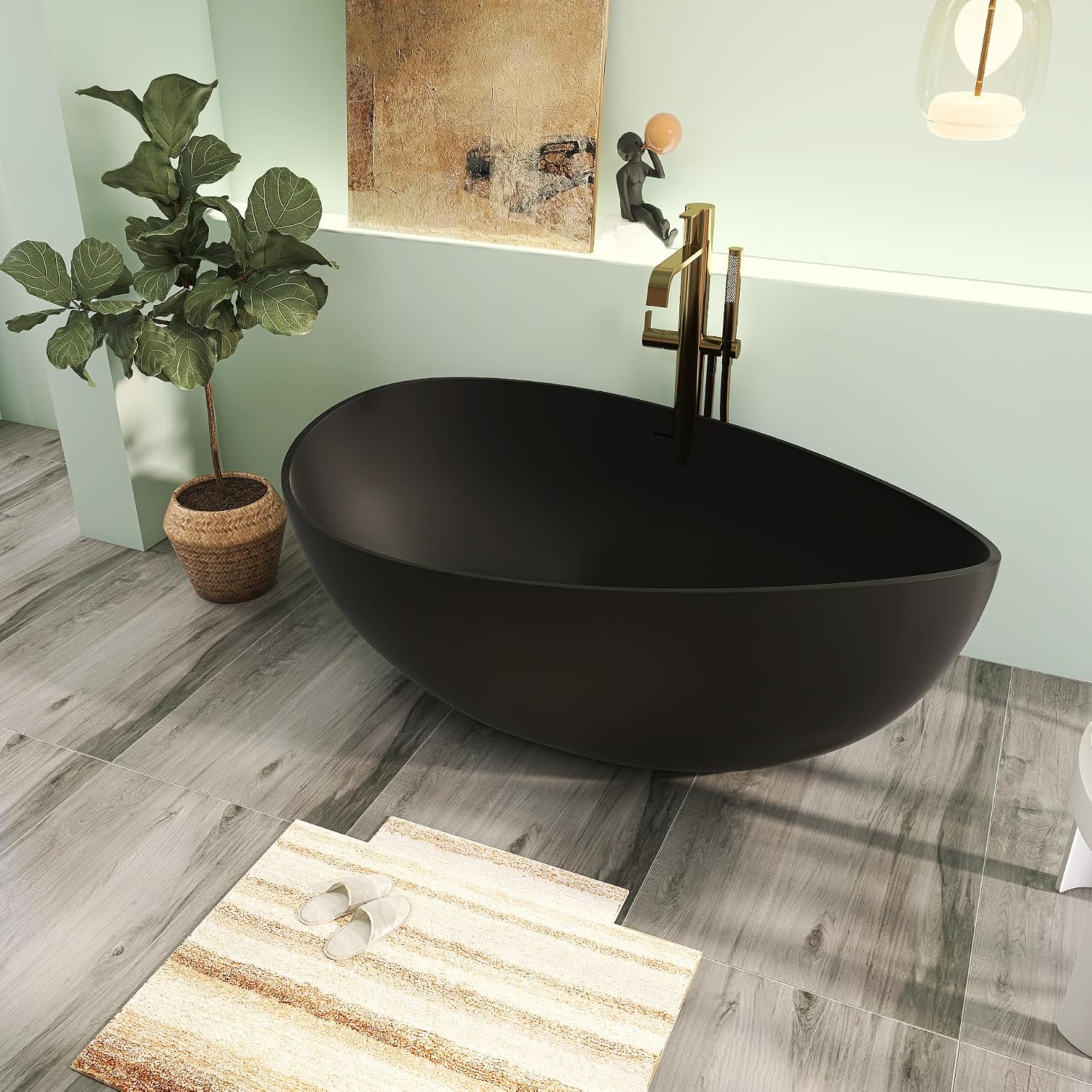 63' Premium Solid Surface Freestanding Bathtub, Contemporary Design Stand Alone Stone Resin Tub with Overflow and Pop-up Drain, Matte Black