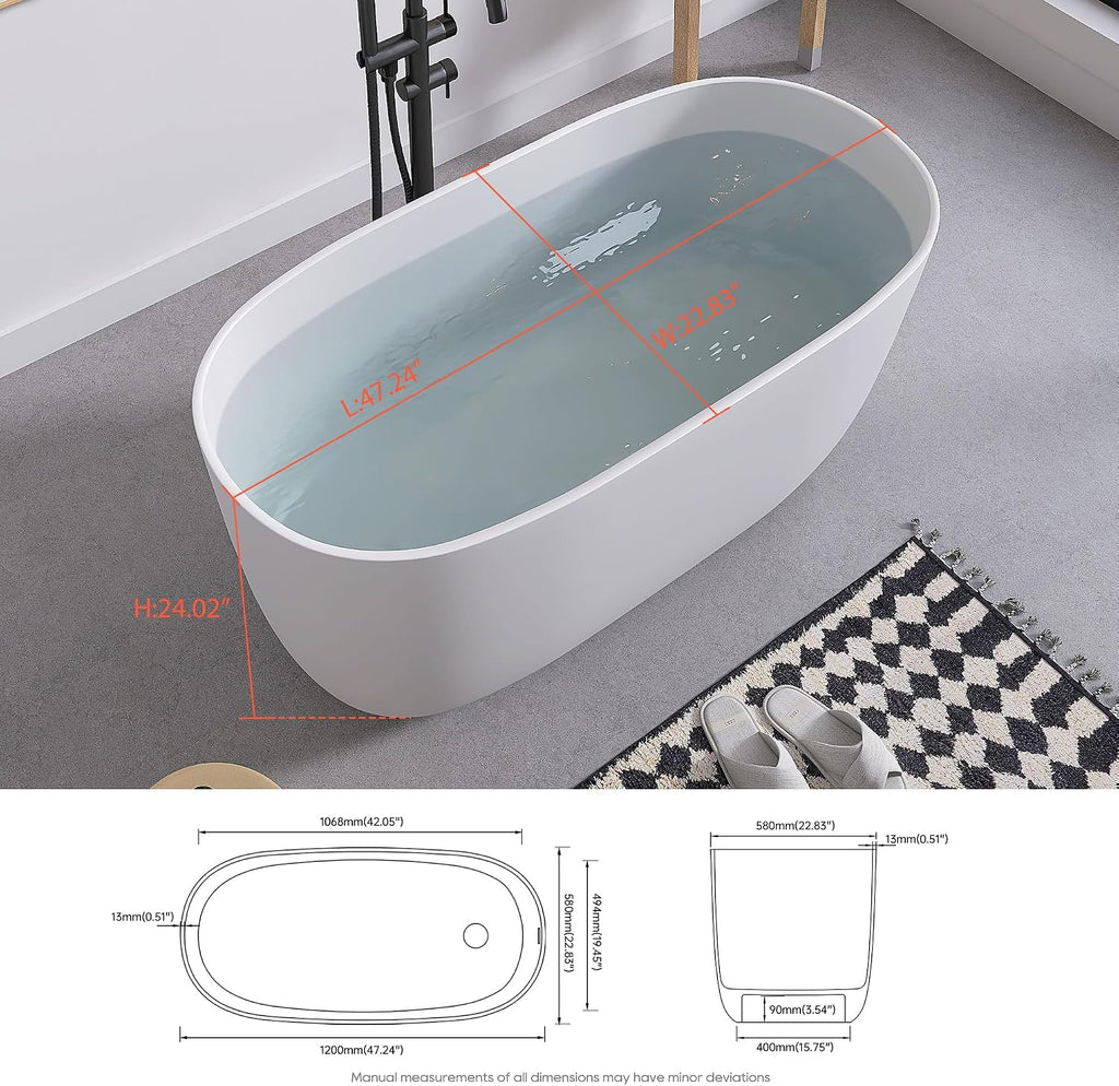 SJ STAR&JANE 47' Solid Surface Freestanding Bathtub Modern Stone Resin Oval Soaking Tub with Side Drain in Matte White
