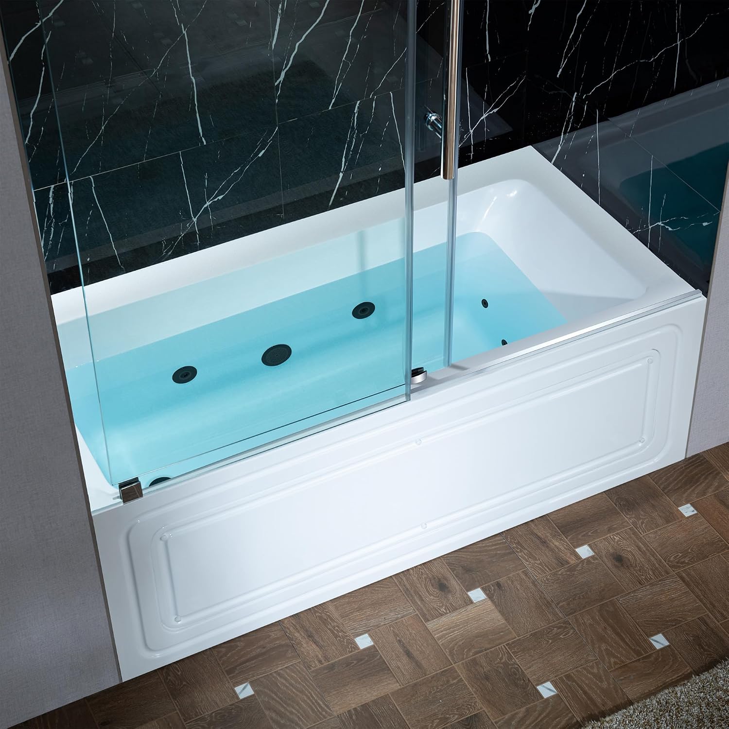 WOODBRIDGE 60' x 32' Alcove Acrylic Rectangular Whirlpool Heated Jetted Tub in White with Left Drain, Matte Black Finish, BS429-L-MB02