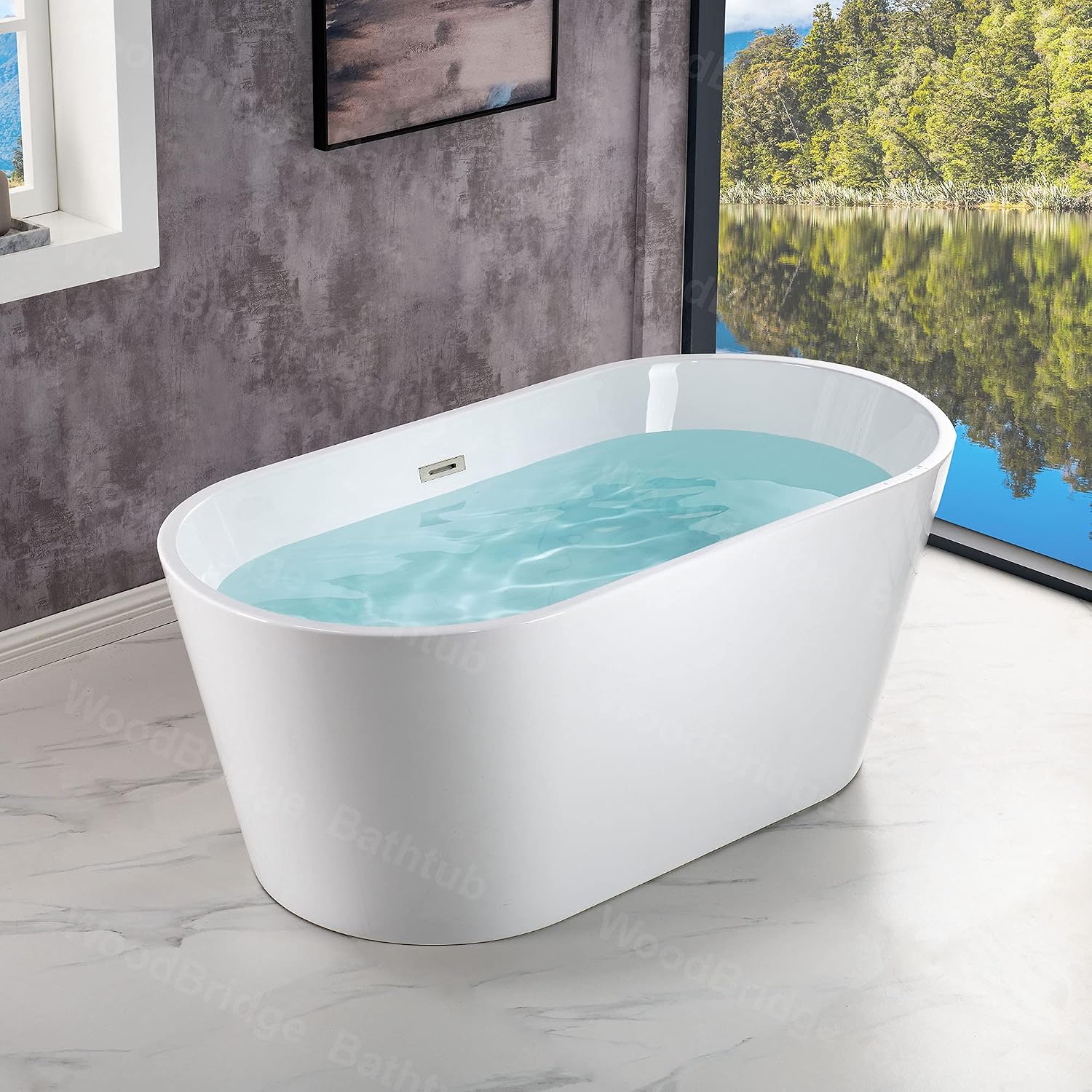 WOODBRIDGE 54' Acrylic Freestanding Bathtub Contemporary Soaking White Tub with Chrome Overflow and Drain,BTA1702-C-Drain &O
