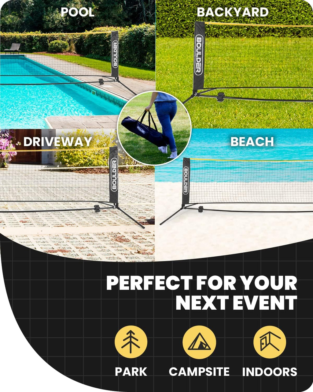 Boulder Portable Badminton Pickleball Net - Foldable/Extendable Poles for Multiple Sports Heights (UP to 5 ft) - Ideal for Tennis, Pickleball, Soccer Tennis - Easy Setup