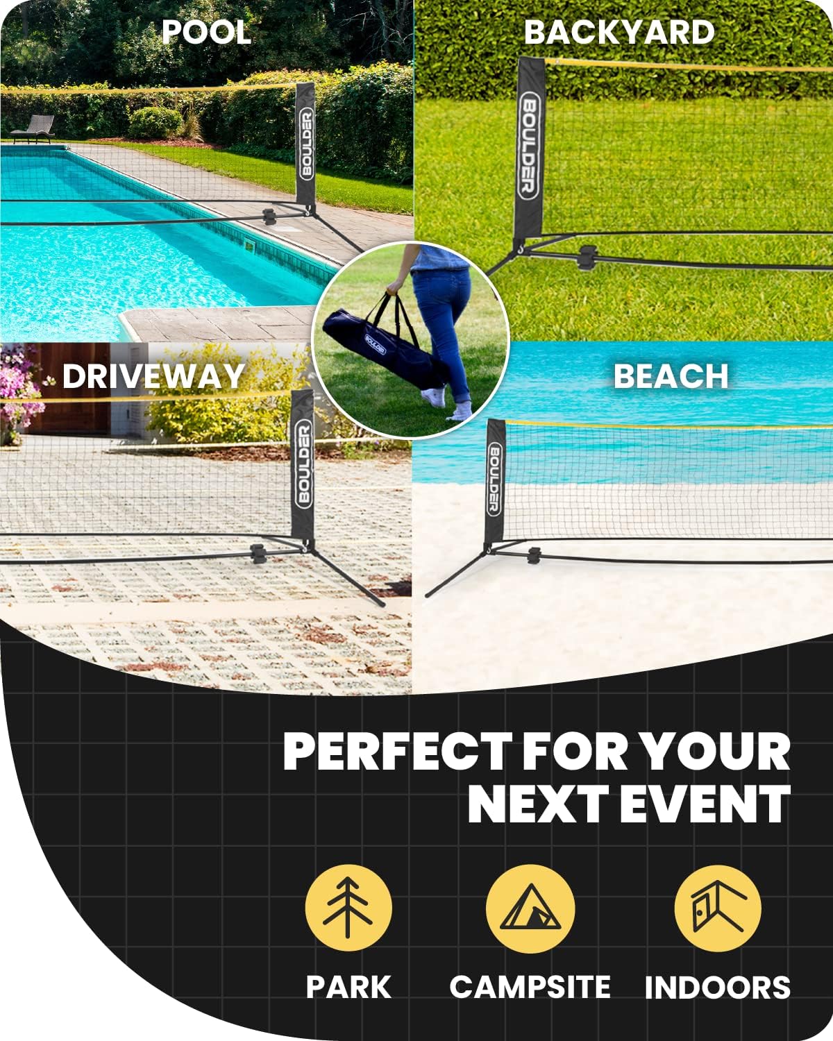 Boulder Portable Badminton Pickleball Net - Foldable/Extendable Poles for Multiple Sports Heights (UP to 5 ft) - Ideal for Tennis, Pickleball, Soccer Tennis - Easy Setup