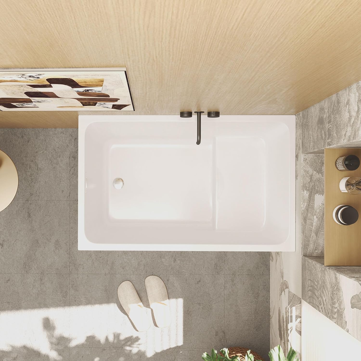 43' Acrylic Freestanding Bathtub with seat: rectangle Shape, Gloss White, Chrome Overflow Pop Up Drain