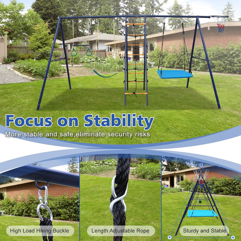 6 in 1 Backyard Swing Set, Heavy Metal A-Frame, Trapeze bar, Climbing net and Ladder, Basketball Hoop, Children's Outdoor Playground Swing Cover