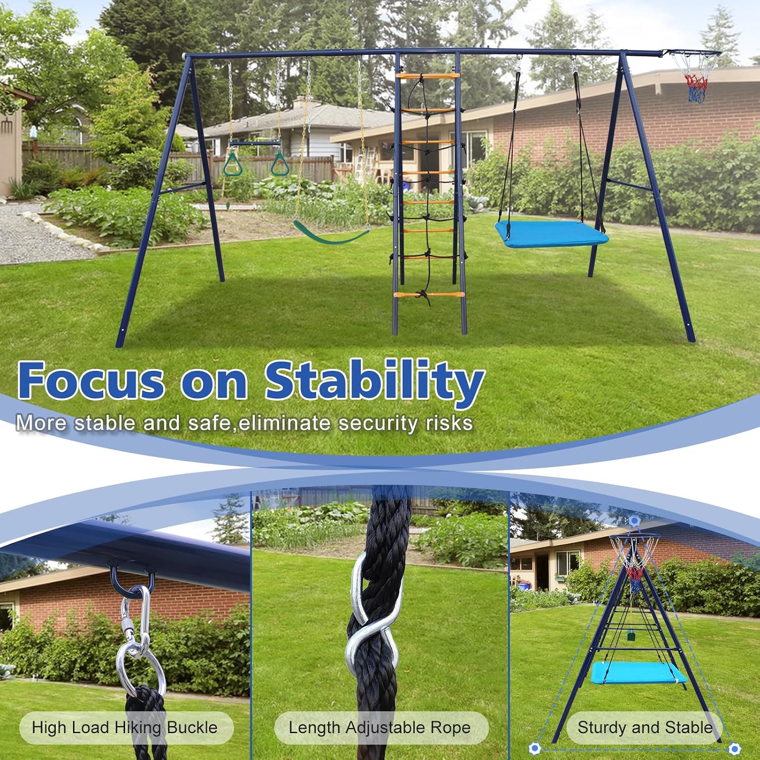 6 in 1 Backyard Swing Set, Heavy Metal A-Frame, Trapeze bar, Climbing net and Ladder, Basketball Hoop, Children's Outdoor Playground Swing Cover