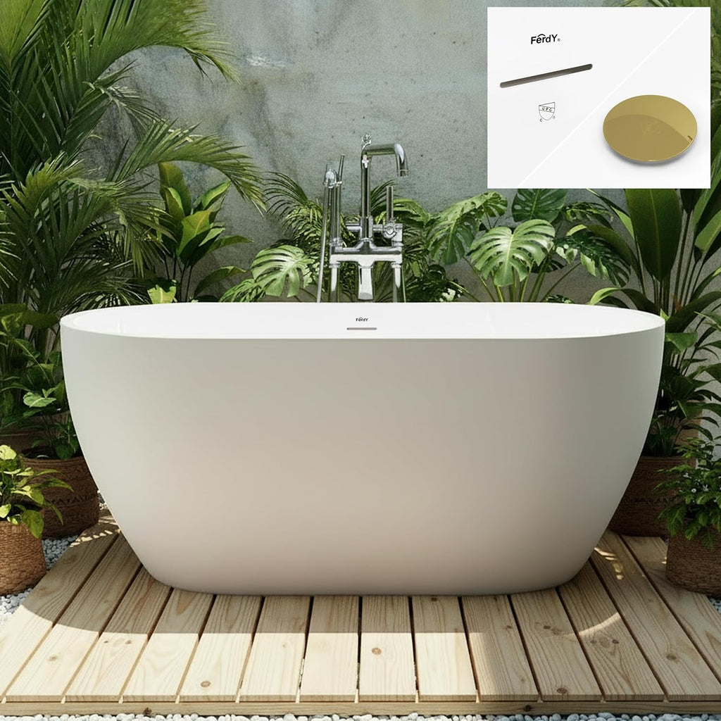 FerdY 59' Acrylic Freestanding Bathtub, Contemporary Soaking tub with Brushed Gold Drain, Elegant Oval Shape, cUPC Certified, Bali