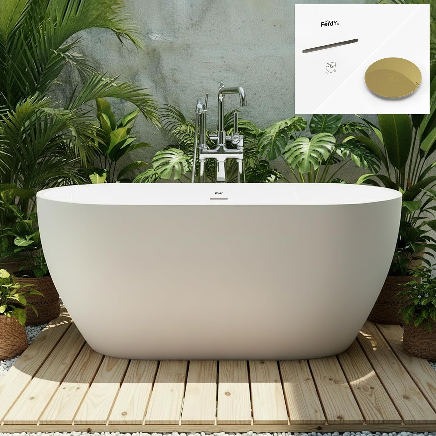 FerdY 59' Acrylic Freestanding Bathtub, Contemporary Soaking tub with Brushed Gold Drain, Elegant Oval Shape, cUPC Certified, Bali