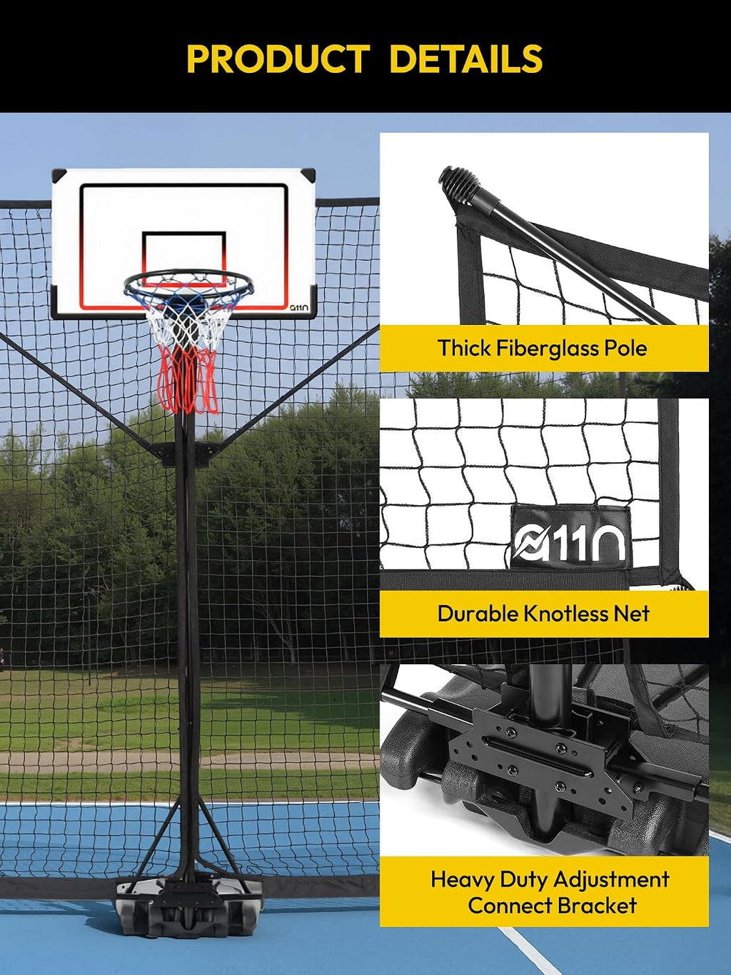 A11N SPORTS Basketball Rebounder Net Yard Guard – 10x8 FT Outdoor Basketball Net Catcher Backstop for Round & Square Poles, Pole-Wrap Storage