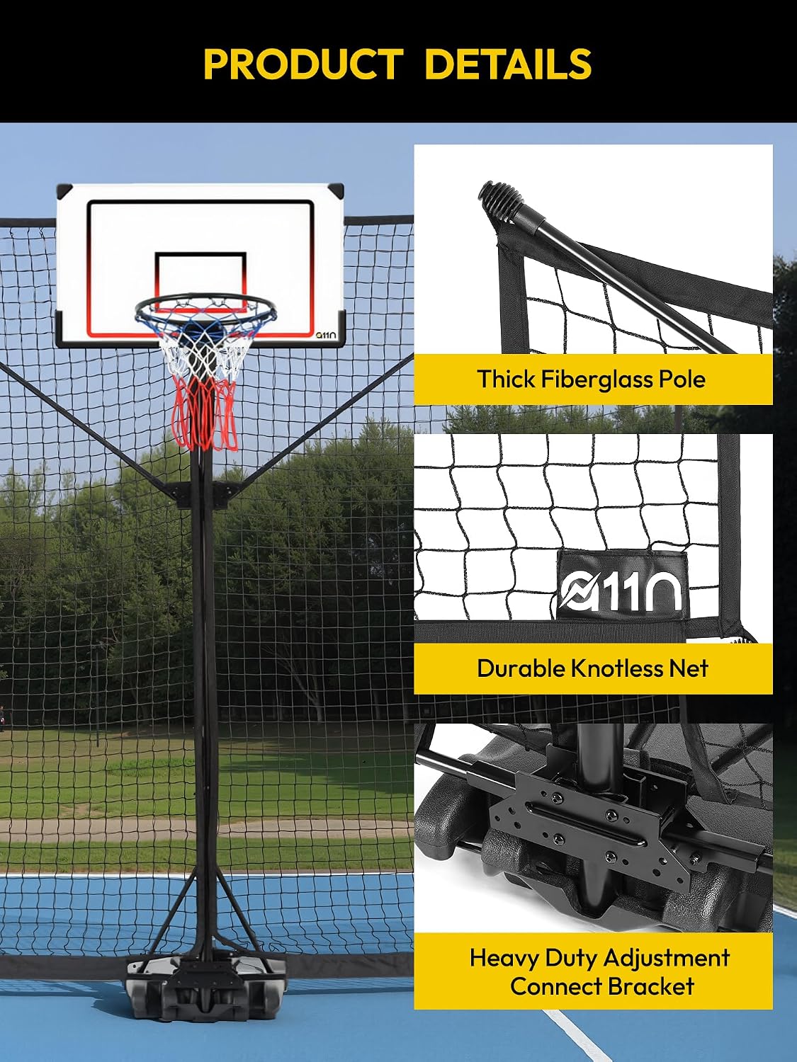 A11N SPORTS Basketball Rebounder Net Yard Guard – 10x8 FT Outdoor Basketball Net Catcher Backstop for Round & Square Poles, Pole-Wrap Storage