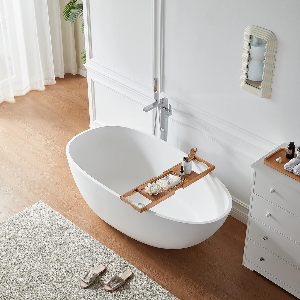 Cpingao 71 inch Solid Surface Freestanding Bathtub, Egg Shell Shaped Stone Resin Freestanding Tubs, Contemporary Oval Soaking Tub with Overflow and Pop-up Drain, Matte White 8802-1800