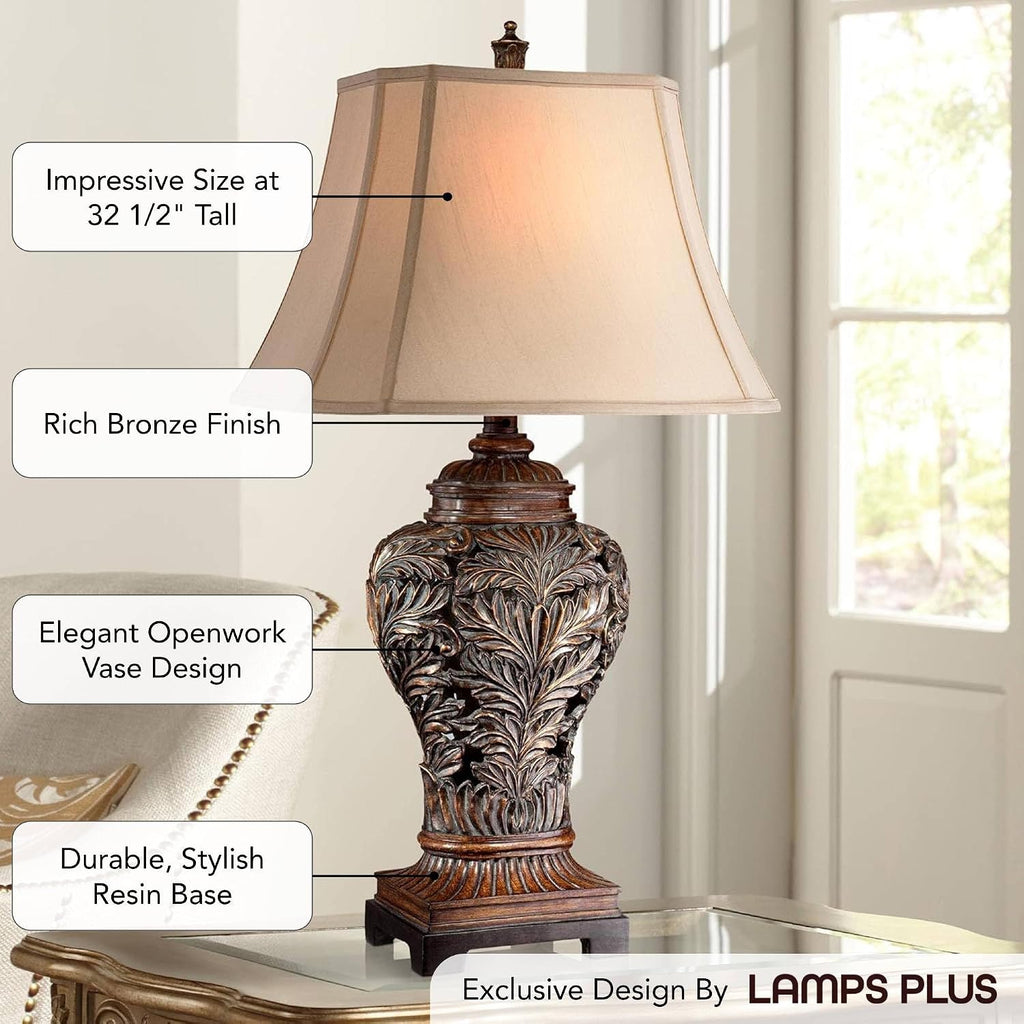 Barnes and Ivy Leafwork Traditional Farmhouse Rustic 3-Way Table Lamp with Table Top Dimmer 32.5' Tall Bronze Finish Rectangular Tan Shade for Living Room Bedroom House Bedside