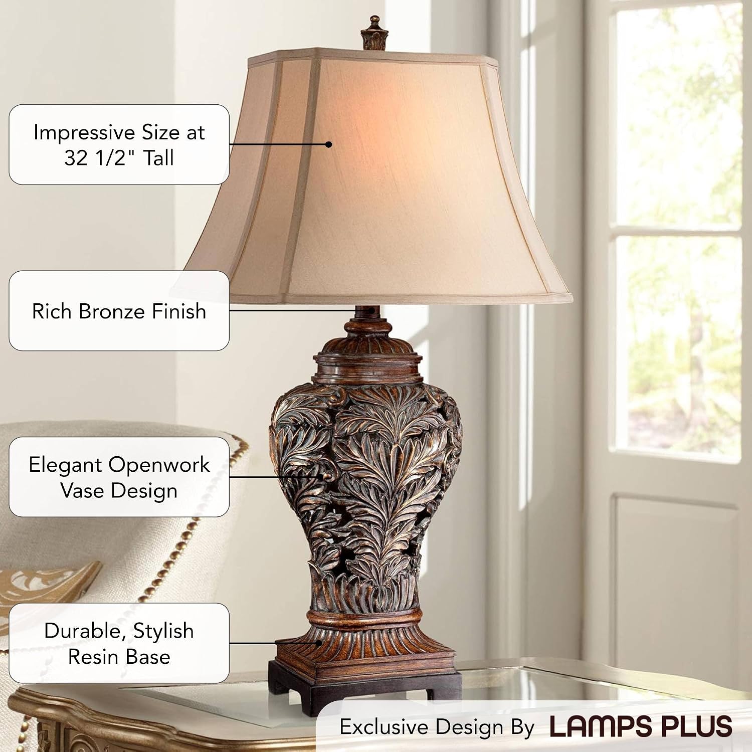 Barnes and Ivy Leafwork Traditional Farmhouse Rustic 3-Way Table Lamp with Table Top Dimmer 32.5' Tall Bronze Finish Rectangular Tan Shade for Living Room Bedroom House Bedside