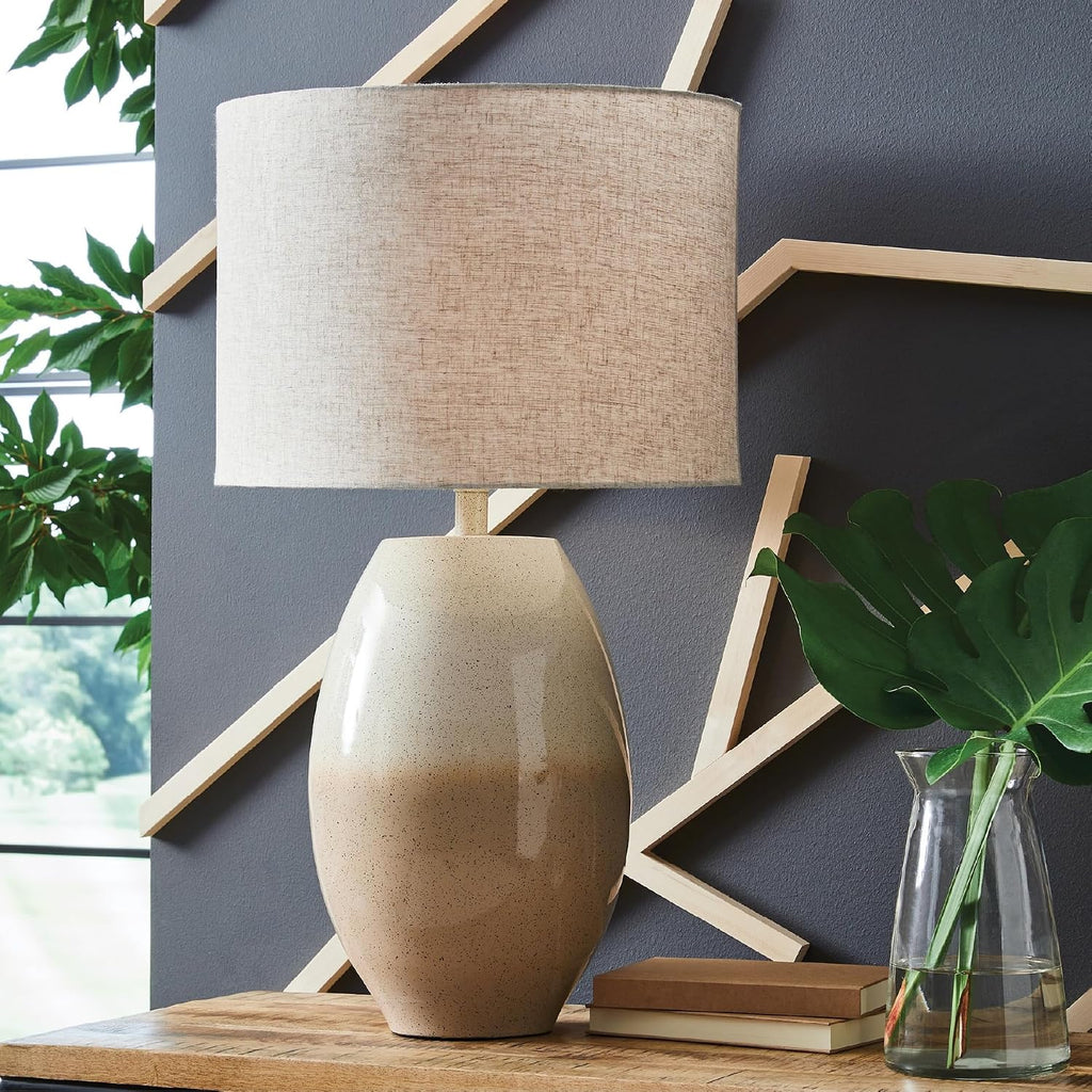 Signature Design by Ashley Linas Farmhouse Table Lamp with 3-Way Switch and Drum Shade, Beige