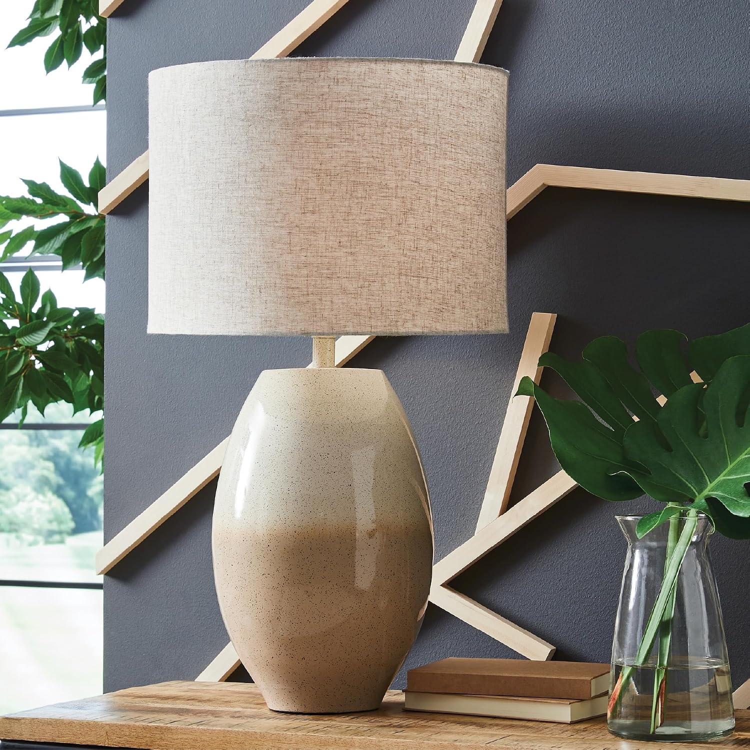 Signature Design by Ashley Linas Farmhouse Table Lamp with 3-Way Switch and Drum Shade, Beige