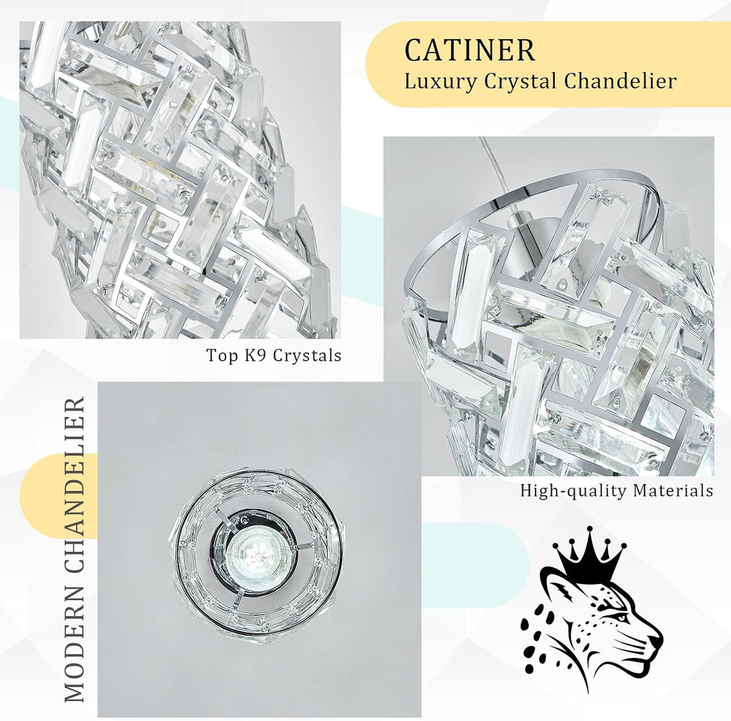 CATINER Modern Chrome Pendant Light, Mini Crystal Chandelier, Adjustable Lighting Fixture for Kitchen Island, Dining Room, Bedroom (Set of 3)