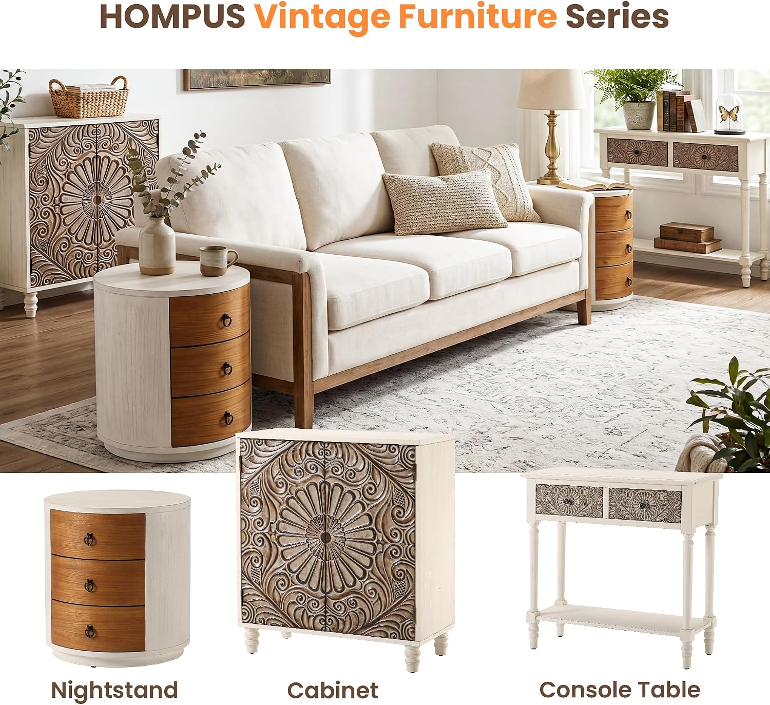 HOMPUS Fully Assembled Round Nightstand, 3 Drawer Chest of Drawers, Wood Rustic Farmhouse Dresser, Retro Modern Night Stand, Wood Rustic Farmhouse Dresser with Drawers for Bedroom, Brown + White