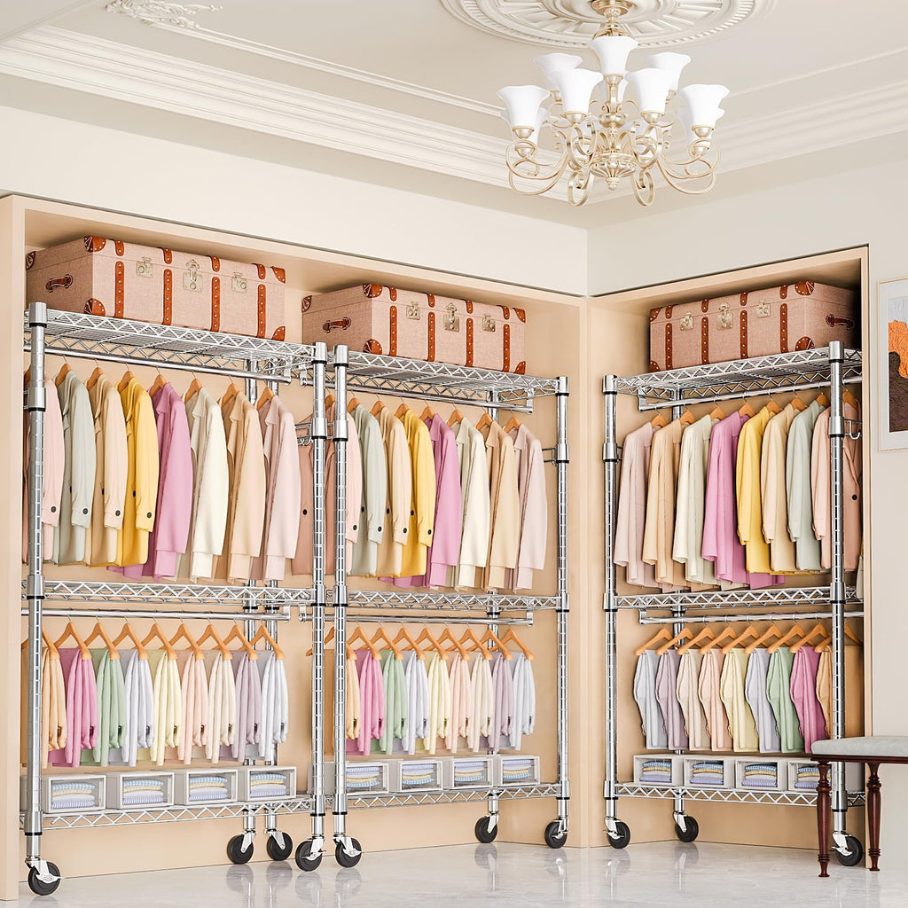 M MZG 2 PCS Heavy Duty Rolling Garment Rack 3 Tiers Adjustable Wire Shelving Clothes Rack with Rod and Side Hooks, Storage Closet Clothing Rack with Wheels Chrome 17.7' D x 47.2' W x 83.6' H