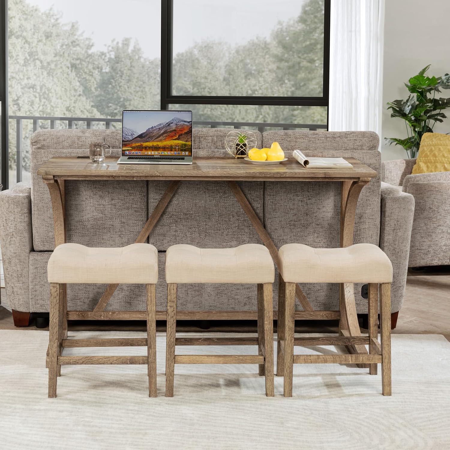 Polibi 4-Piece Farmhouse Counter Height Dining Set,Bar Table and Chairs Set,Bar Table with Power Outlet and 3 Padded Saddle Seat Stools for Living Room,Dining Room,Game Room,Brown