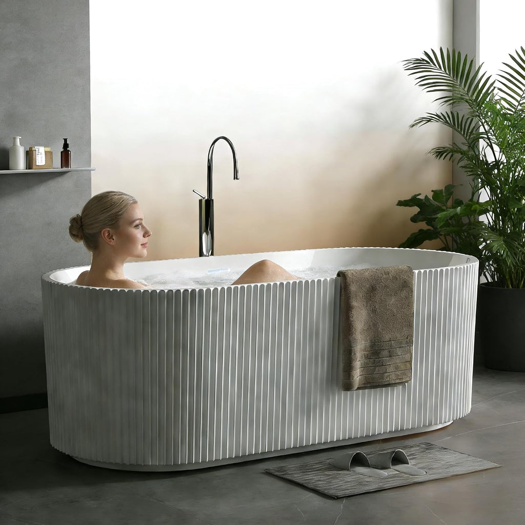 59' Acrylic Freestanding Bathtub, Modern Acrylic Soaking Bathtub, Freestanding Rectangular Tub with Matte Drain and Overflow, Ergonomic Deep Design, Double-Walled Insulation, CUPC Certified