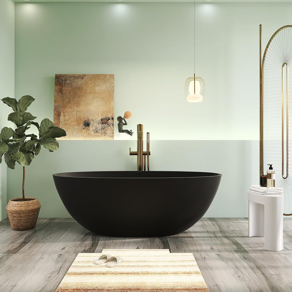 65' Premium Matte Black Solid Surface Freestanding Bath Tub, Oval Stone Resin Tub with Overflow and Pop-up Drain