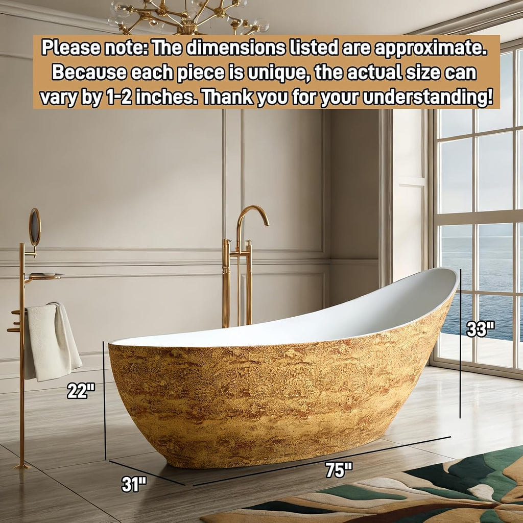 75' Edeyeu Freestanding Bathtub - Luxury Stone Texture Solid Surface Bathtub Soaking Tub With Extra Deep Ergonomic High Back Design, Modern Designer Free Standing Tub, Style C
