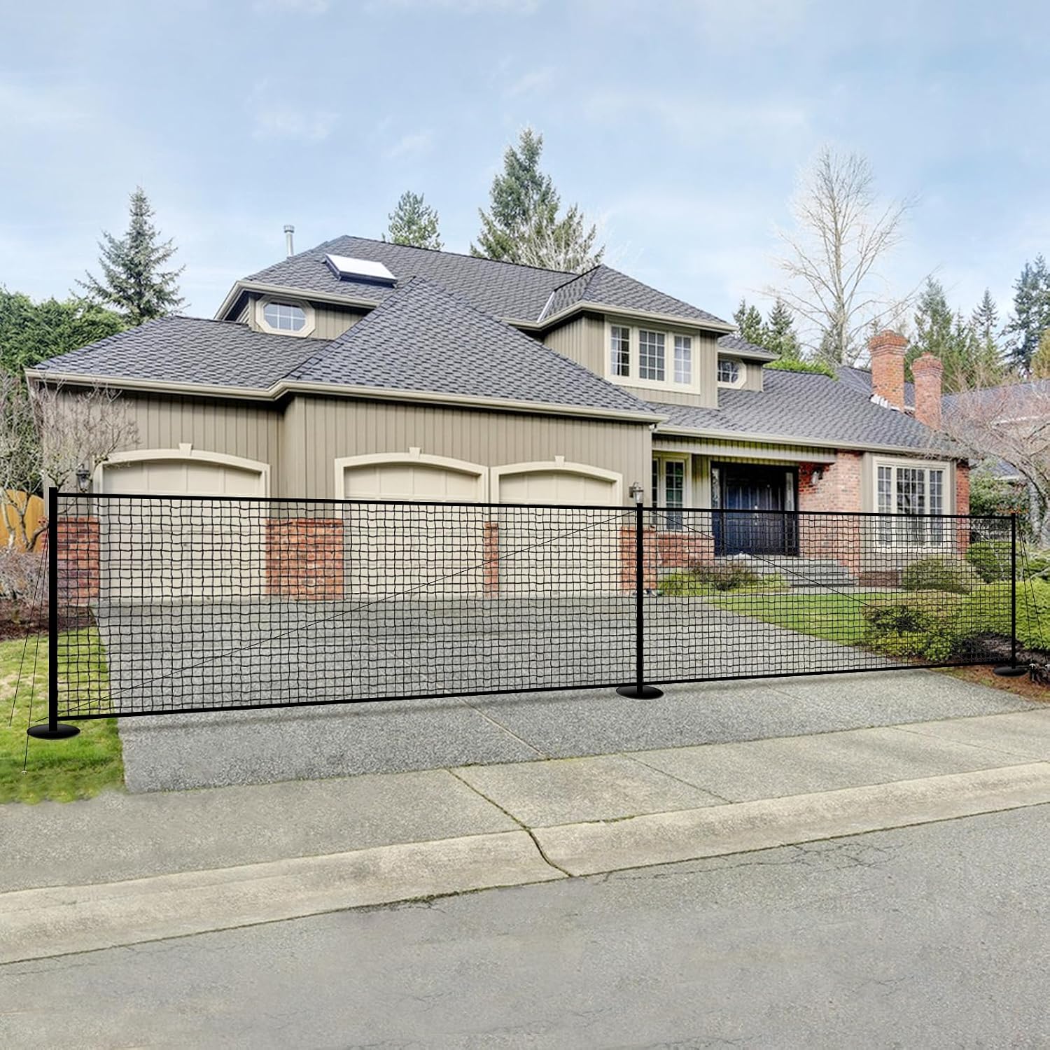 30FT x 5FT Driveway Safety Net Fence, Outdoor Yard Play Area Safety Barrier for Kids| Heavy Duty Steel Poles & Net, Not Fall Down Easily | Guard Net Length Adjustable, Easy to Recycle and Install