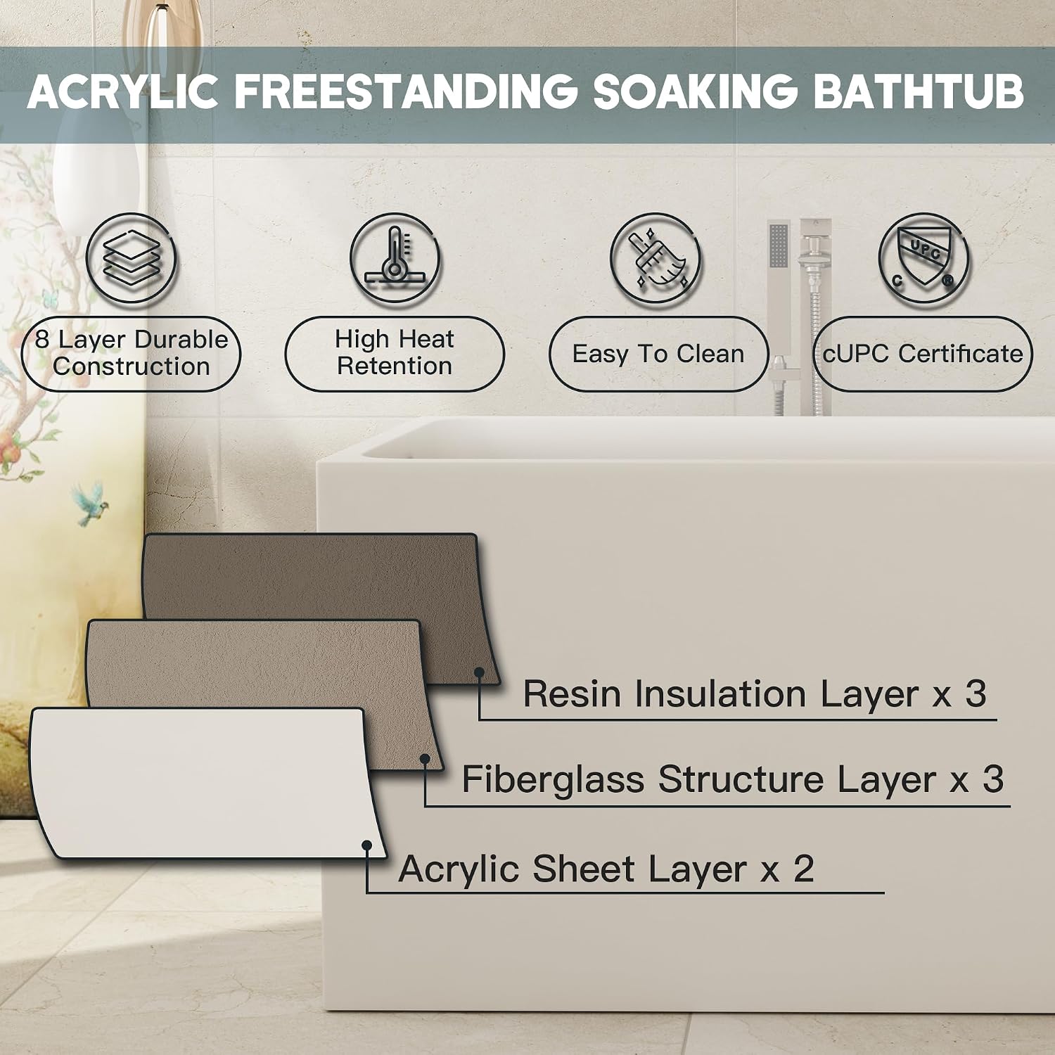 CASAINC 43' Acrylic Freestanding Bathtub, Spacious Rectangle Shape Soaking Tub, Soaking Stand Alone Tub with Chrome Overflow and Pop Up Drain, Gloss White