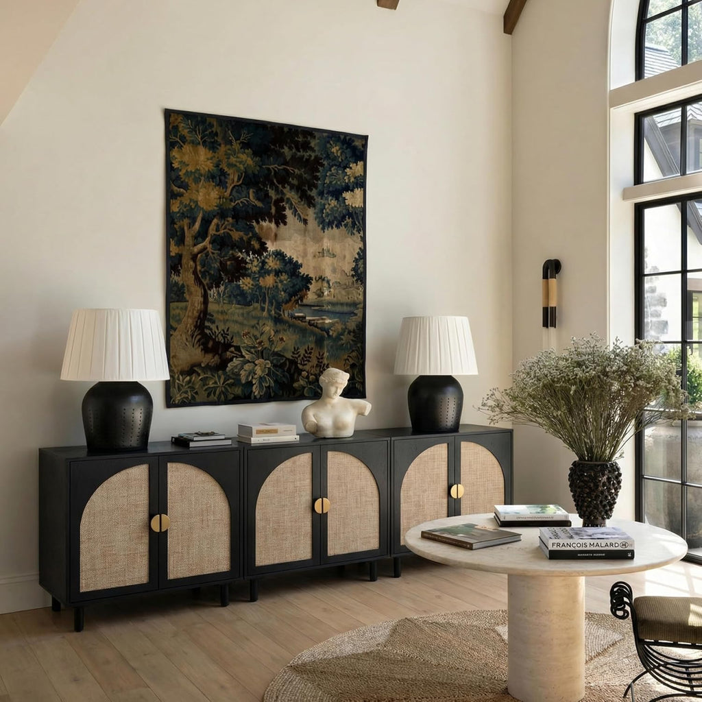 Modern Rattan Storage Sideboard Cabinet, Black Wood Buffet with Magnetic Latch, Adjustable Shelf. [2Pcs, Black]