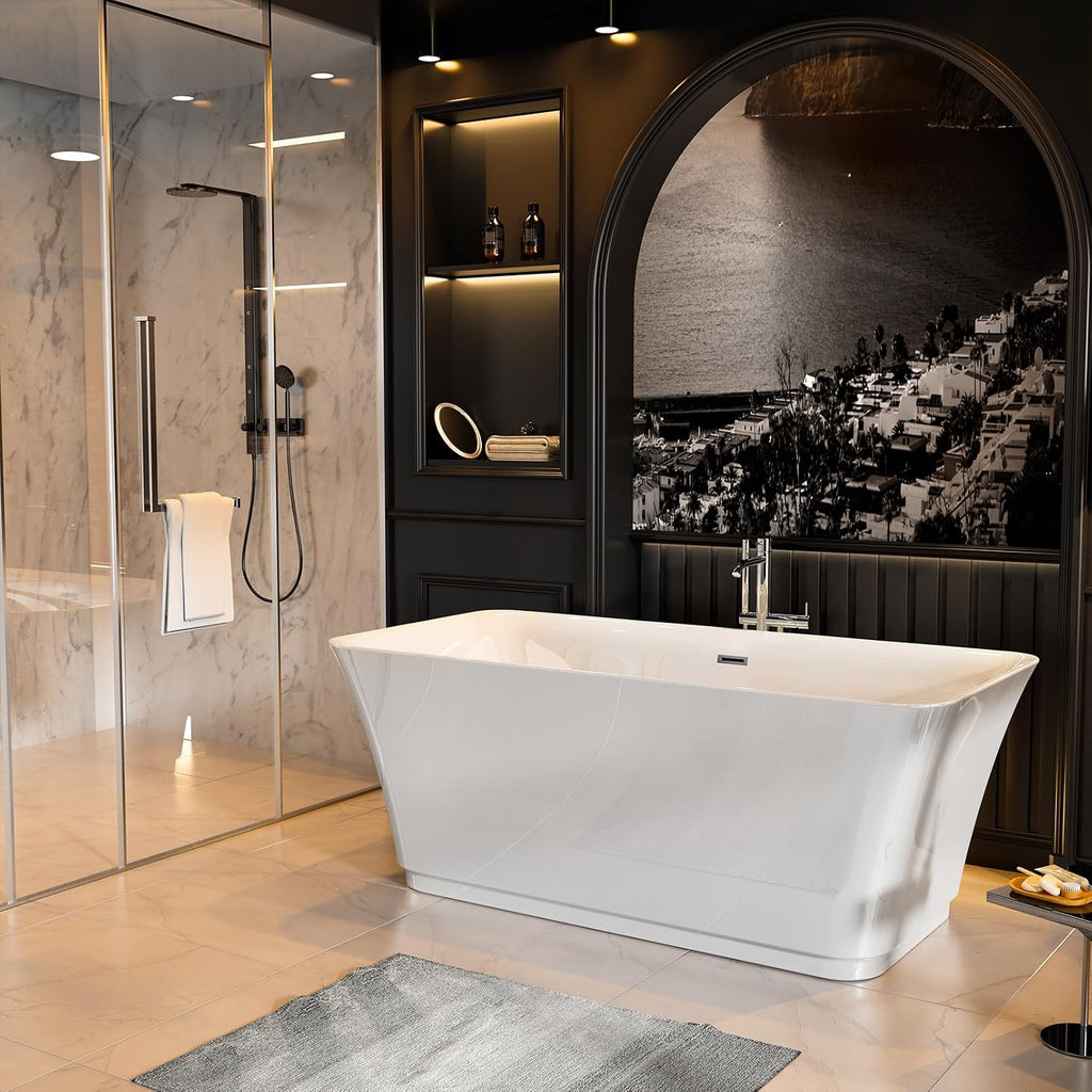 Empava 59' Freestanding Bathtub, Acrylic Deep Soaking Tub, Modern Stand Alone Tub with Anti-Slip Surface, Adjustable Feet & Drain Overflow Included, White, cUPC Certified