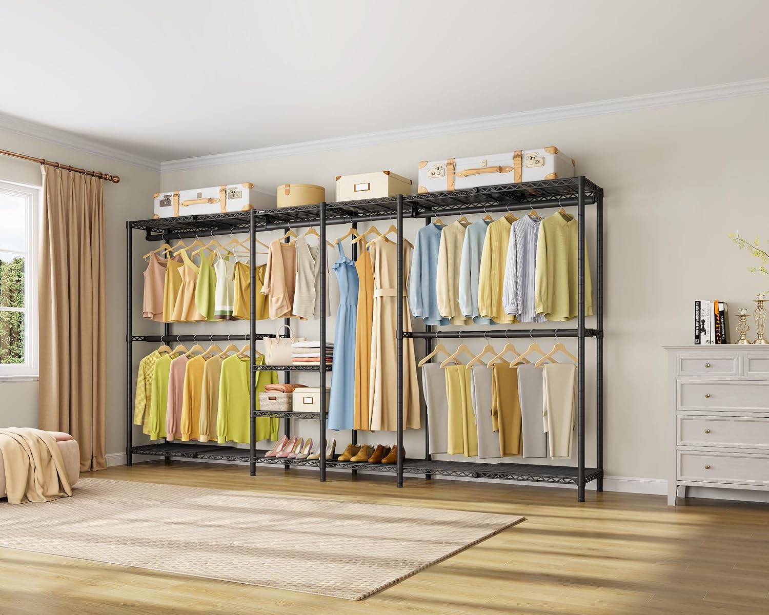 VIPEK X4 Expandable Heavy Duty Clothes Rack, Adjustable from 7'4' to 10'2' with Adjustable Shelves and Hanger Rods, Large Wardrobe Closet Reach-in & Walk-in Closet Metal Clothing Rack, 1530 LBS, Black