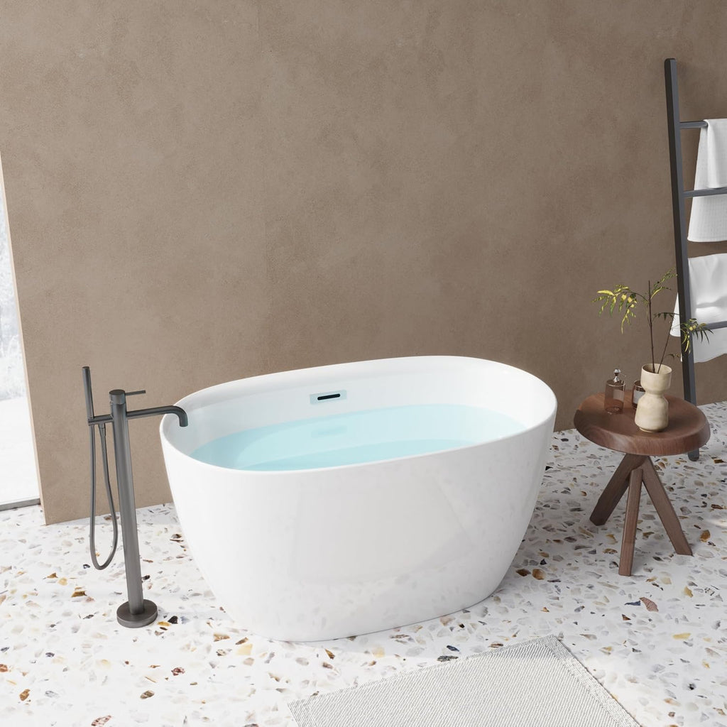 47' Acrylic Freestanding Bathtubs, Oval Shaped Soaking Tub, Stand Alone Tubs with Pop-UP Chrome Drain for Small Bathroom, Slotted Overflow, cUPC Certified -Gloss White