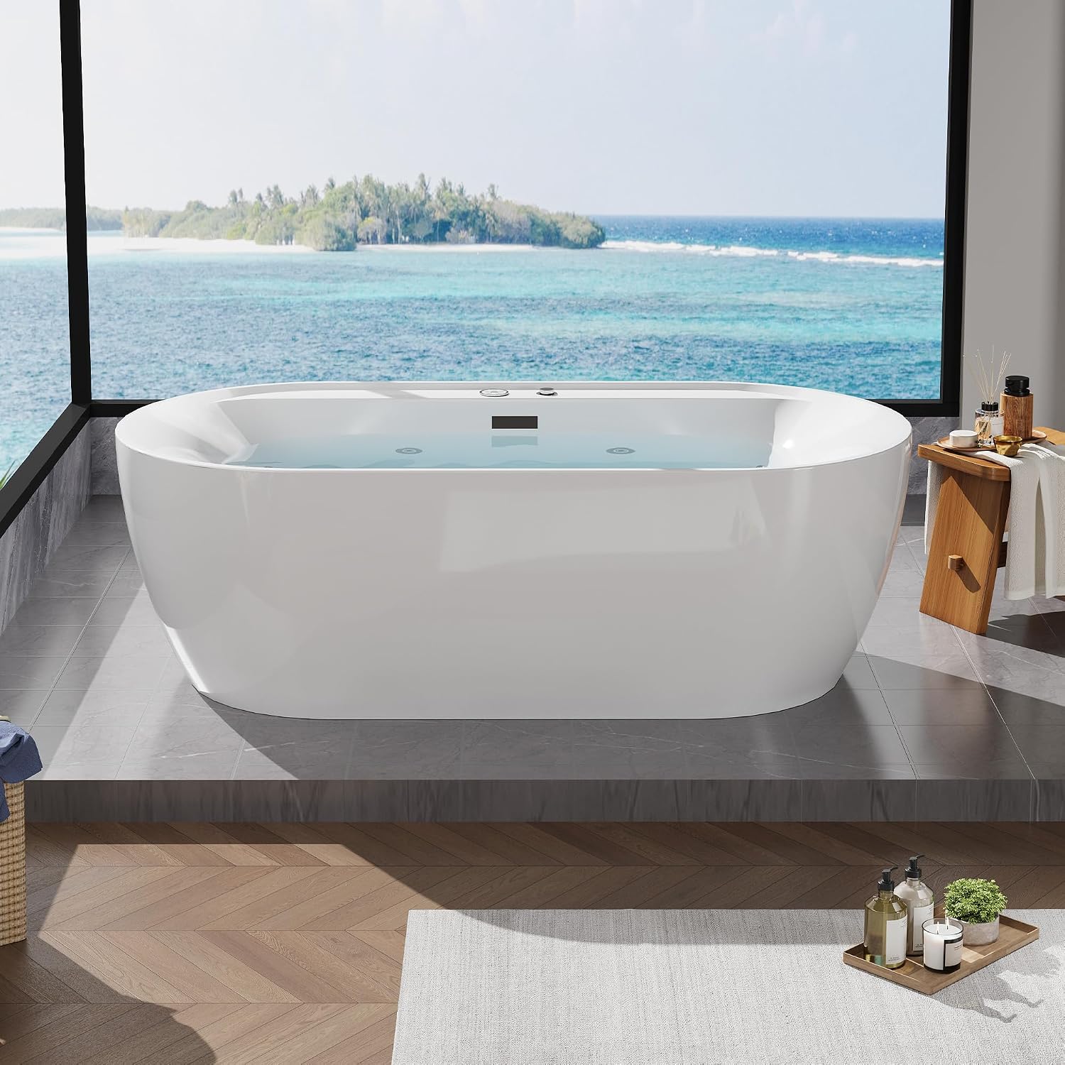 Acrylic Freestanding Bathtub with Jetted & Air Bubble System, Heated Hydrotherapy Tub with Massage Function, Professional Spa Experience at Home