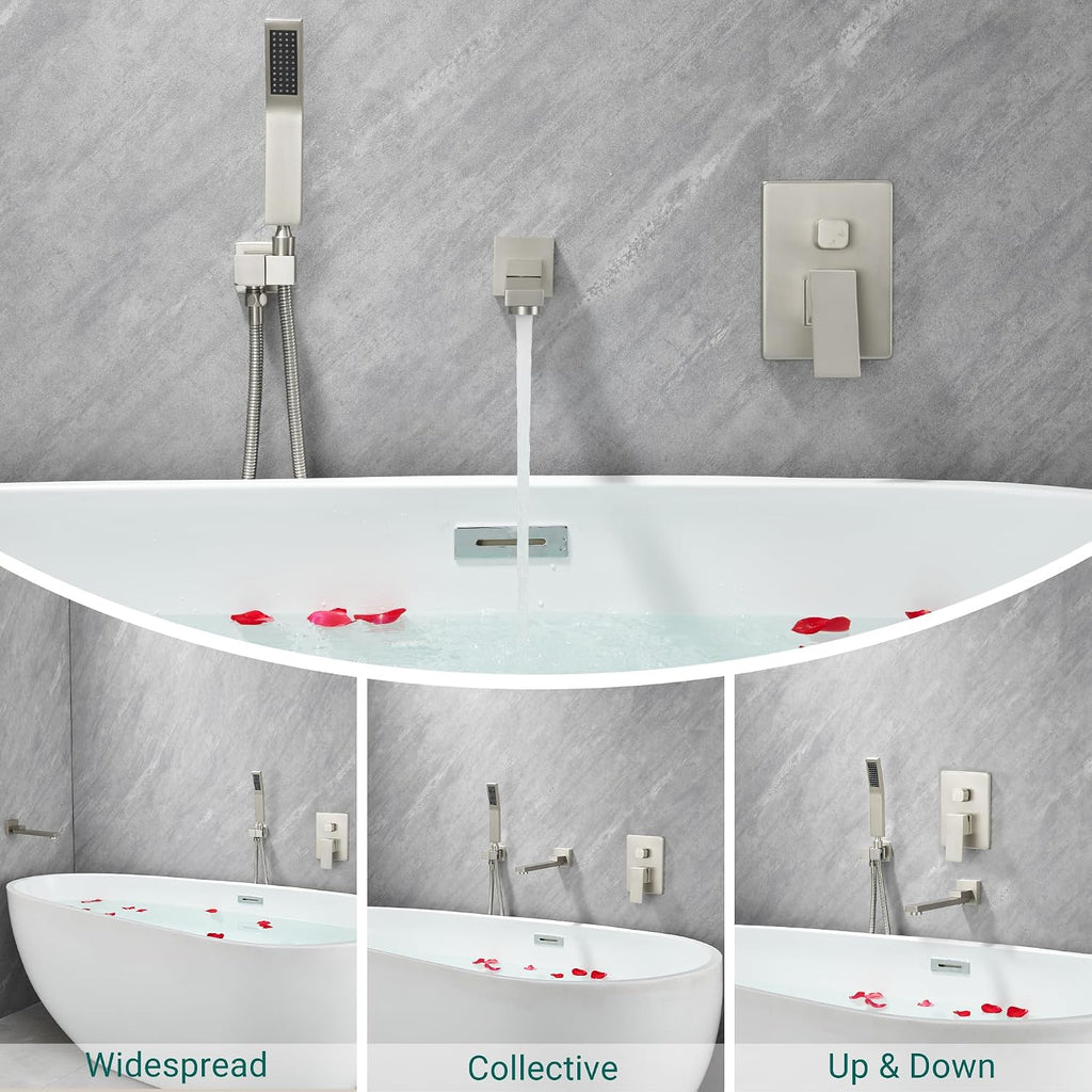 DASAN Swiveling Wall Mount Tub Filler Faucet Set with Hand Held Shower, Brushed Nickel Modern Creative Bathtub Faucet Wall Mounted Bath Tub Faucet with High Flow Rough in Valve, SA-TF05WH-BN