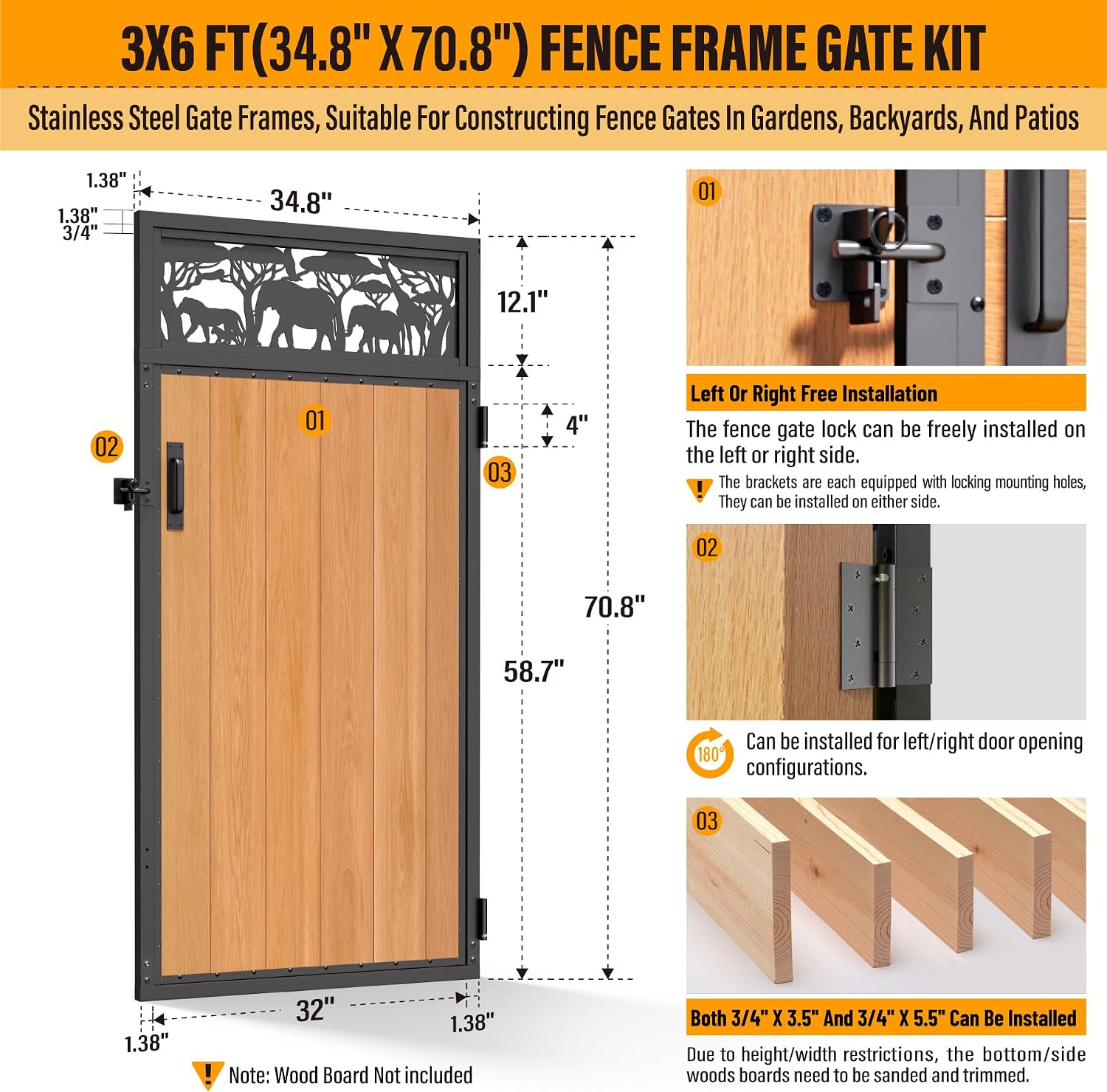 3x6FT Fence Gate Frame Kit 201 Stainless Steel Anti-Sag Heavy Duty Garden Gate Reinforcement Hardware, Left/Right Mount (No Panels Included)(34.8'W x 70.8'H)