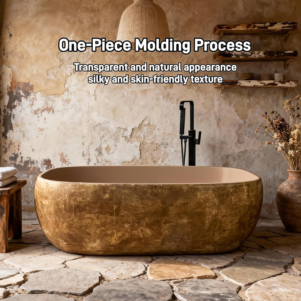 71' Edeyeu Freestanding Bathtub - Modern Designer Solid Surface Bathtub Soaking Tub With Extra Deep Ergonomic High Back, Luxury Stone Texture Free Standing Tub, Artistic Style
