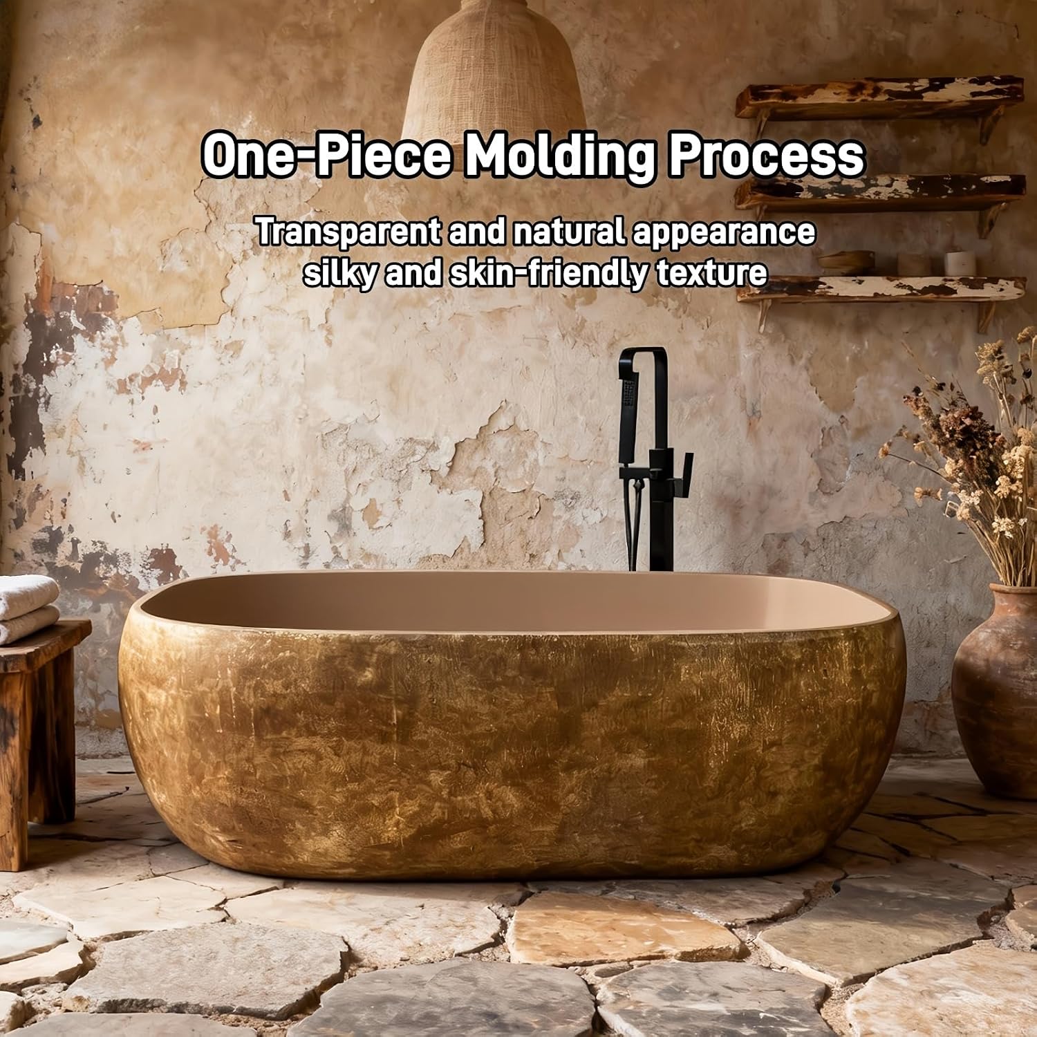 71' Edeyeu Freestanding Bathtub - Modern Designer Solid Surface Bathtub Soaking Tub With Extra Deep Ergonomic High Back, Luxury Stone Texture Free Standing Tub, Artistic Style