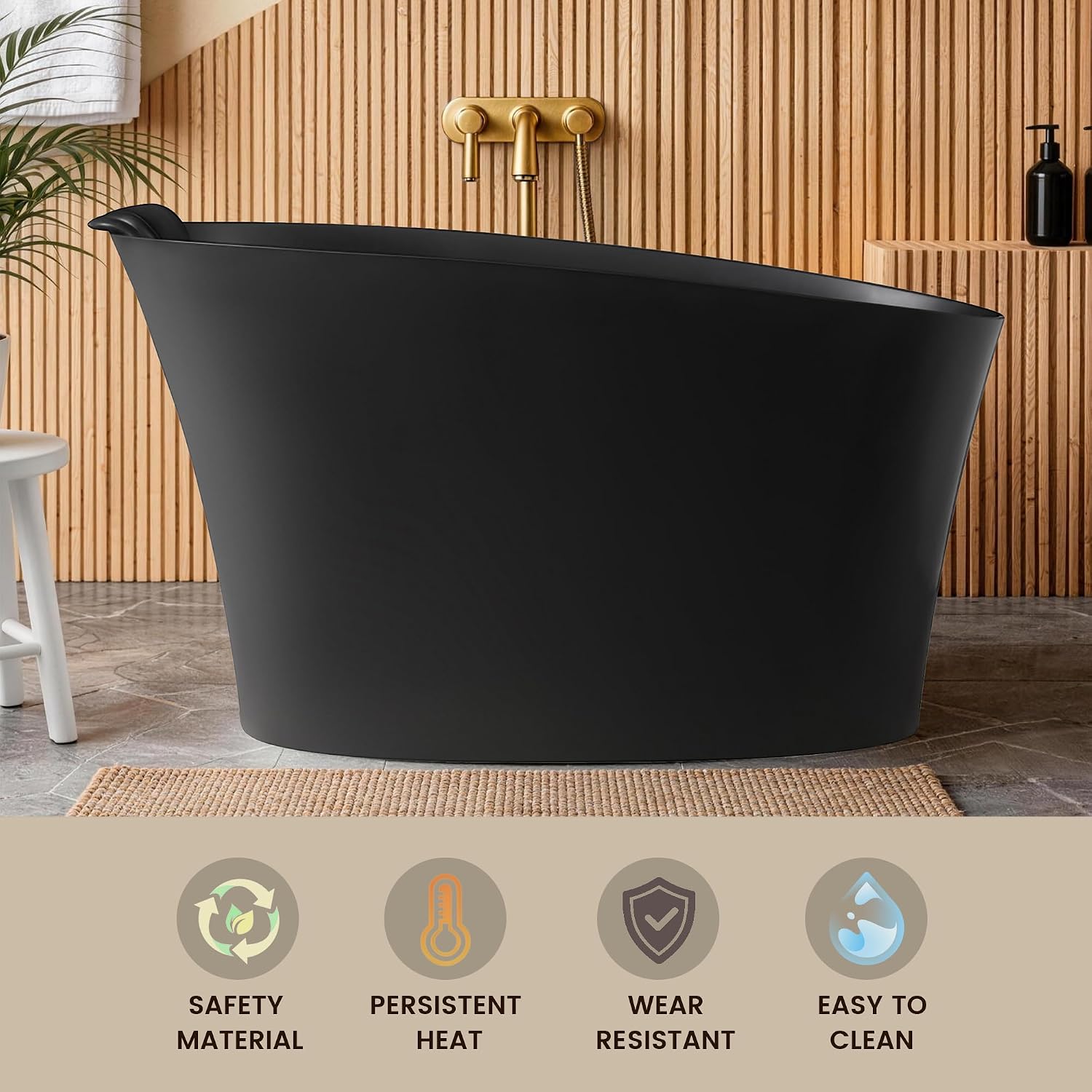51'Freestanding Thermostatic Bathtub, Solid Surface Japanese Soaking Tub with Integrated Seat Cushion and Headrest, Includes Overflow and Drain Assembly, Oval Black(Black-51')