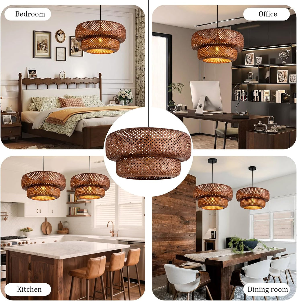 Bamboo Pendant Light,Dark Curry Boho Rattan Hanging Light,17.7' Hand Woven Wicker Chandelier for Kitchen Island for Kitchen Island Dining Bedroom Living Room Restaurants