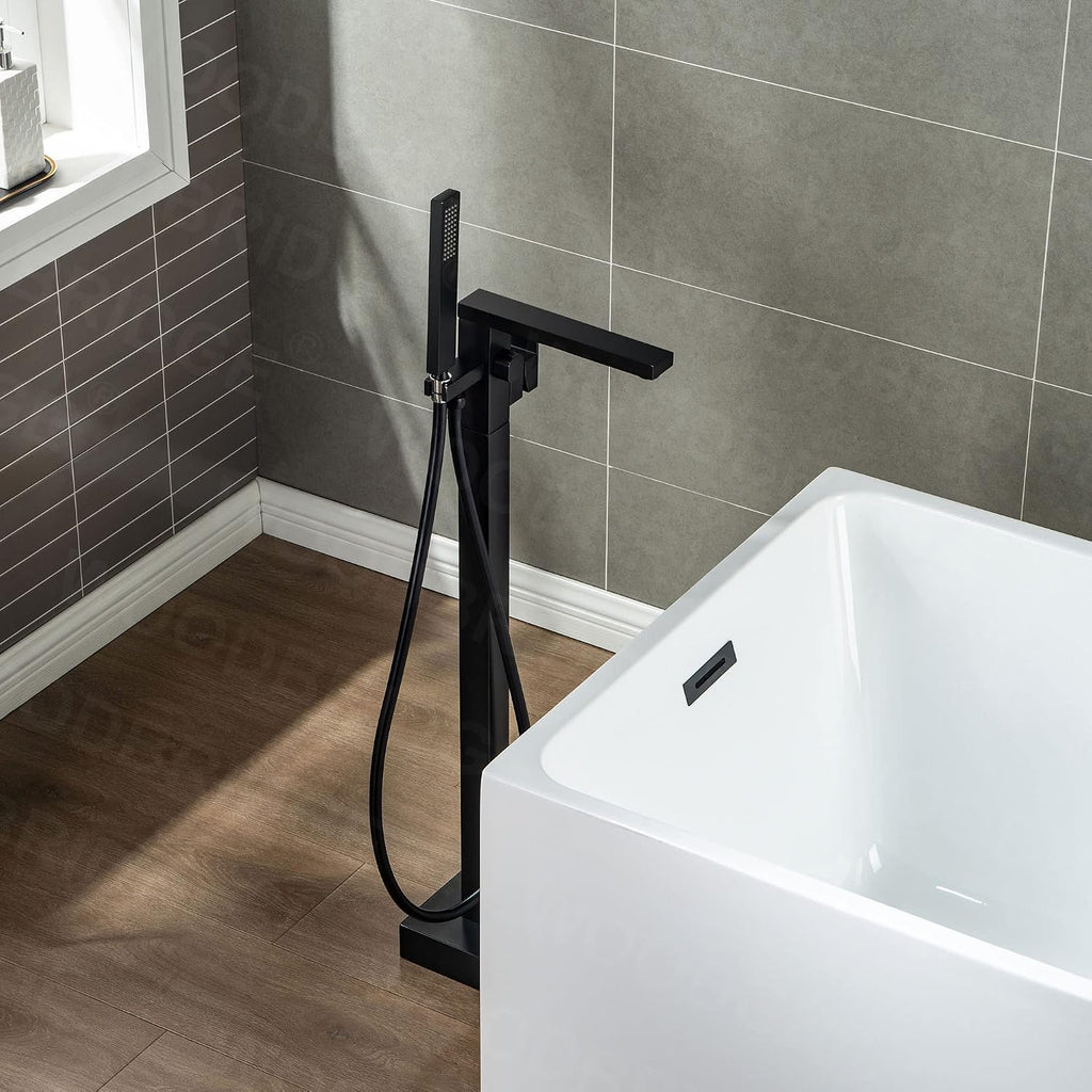 WOODBRIDGE F0009BL Contemporary Single Handle Floor Mount Freestanding Tub Filler Faucet with Hand shower in Matte Black Finish