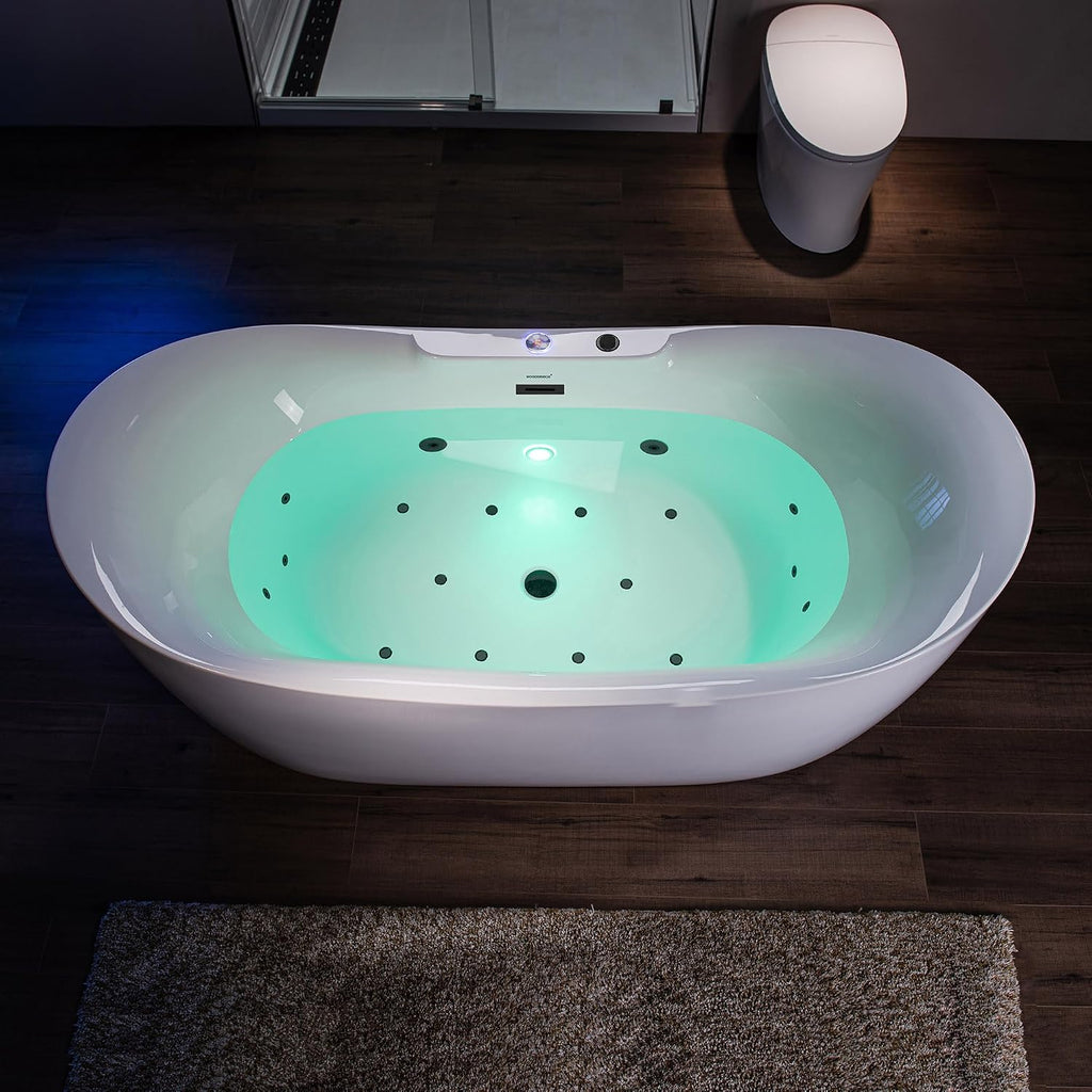 WOODBRIDGE 72' x 35-3/8' Whirlpool Water Jetted and Air Bubble Freestanding Heated Soaking Combination Bathtub with LED control panel,Matte Black drain and overflow,BM400