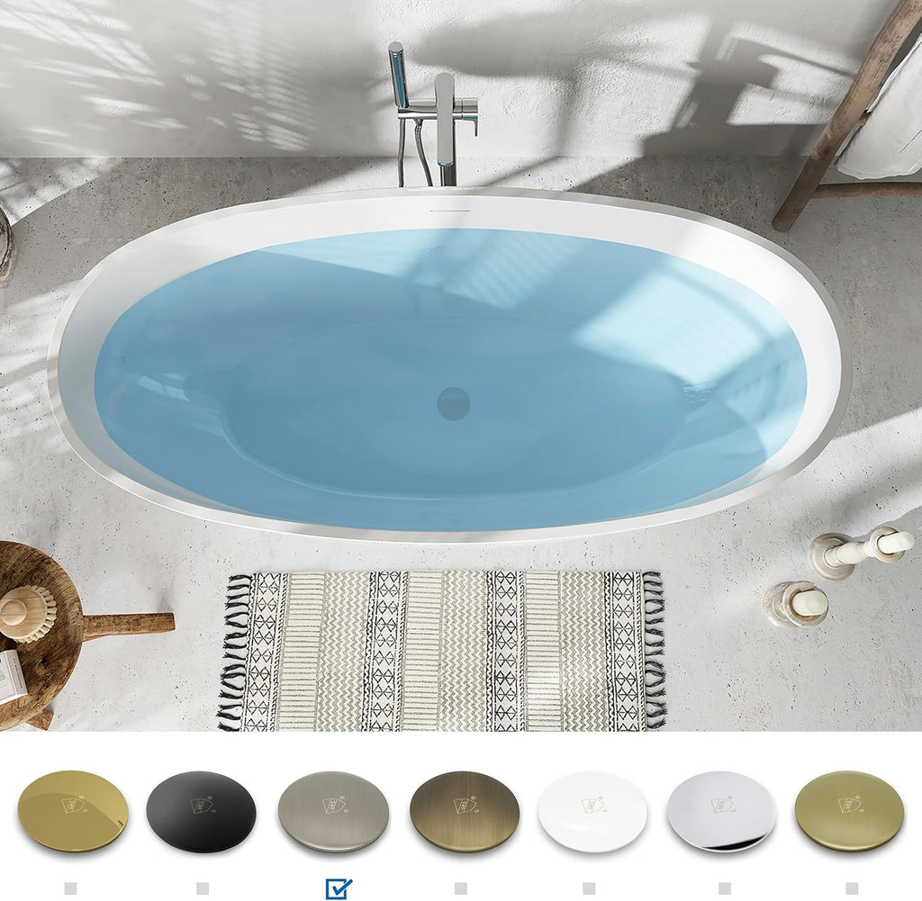 FerdY 67' Acrylic Freestanding Bathtub, Contemporary Soaking tub with Brushed Nickel Drain & Overflow, cUPC Certified, Elegant Oval Shape, Tahiti