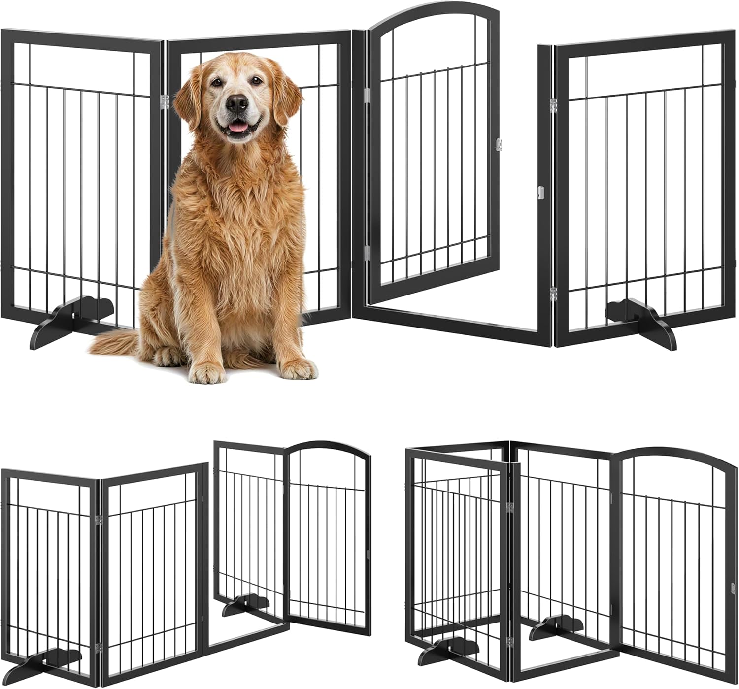 Vantas Folding Pet Gate 96' Wide, 30' Tall No-Assembly Metal Dog Gate with Door Walk Through, Freestanding Wire Pet Puppy Safety Fence, with 2PCS Support - Black