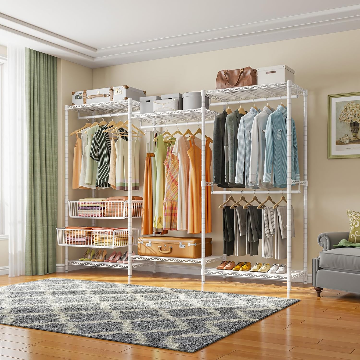 VIPEK V10 Wire Garment Rack 5-Tiers Heavy Duty Clothes Rack Large Size Clothing Rack with 4 Hanging Rods, 6 Wire Shelves and 2 Slid Baskets, 68.9' W x 15.7' D x 76.4' H, Max Load 920 LBS, White