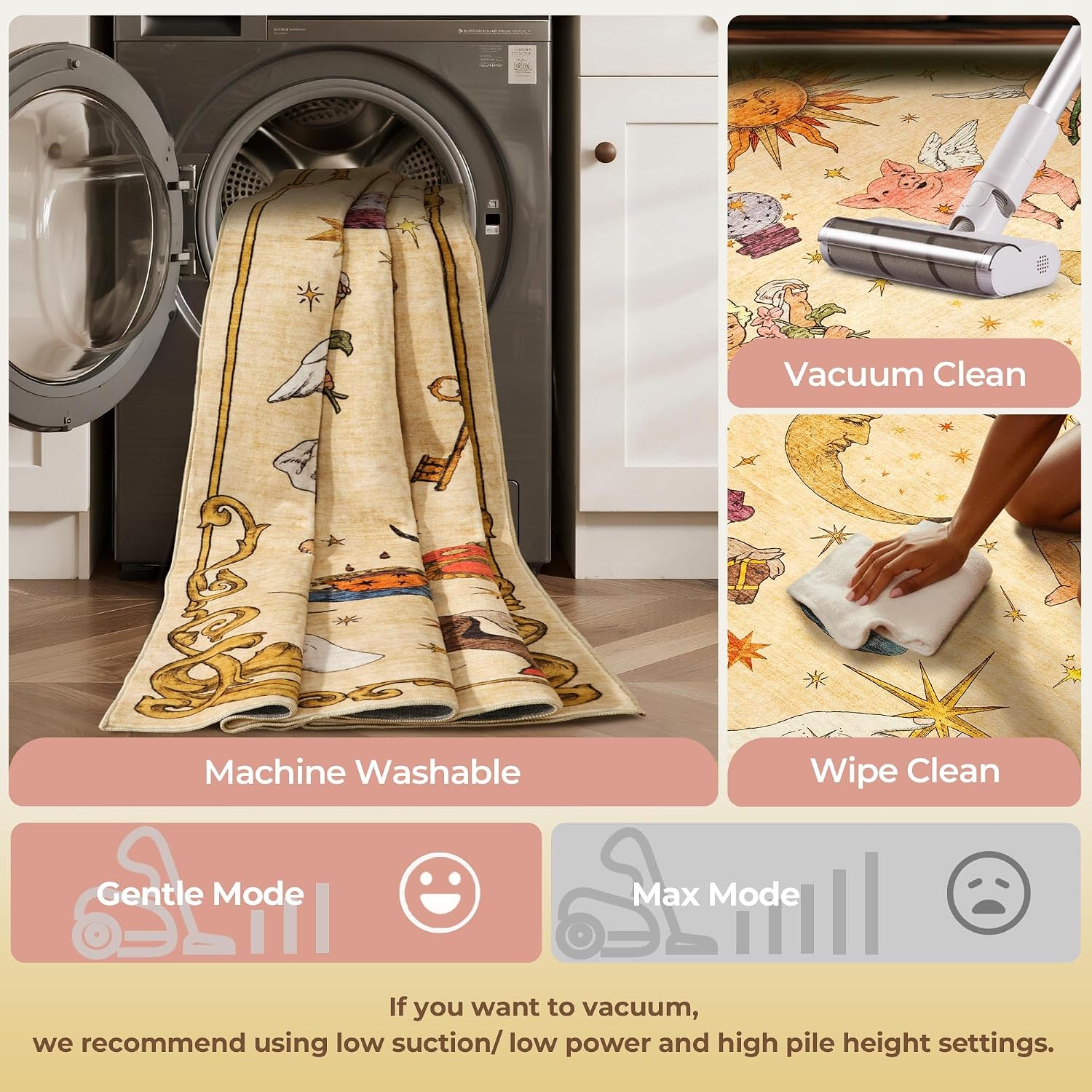 Kokia Sun and Moon Celestial Cottagecore Area Rug 8x10 Feet Yellow Vintage Washable Low Pile Non-Slip Rug for Nursery Playroom Living Room Bedroom Unique Boho Decorative Tapestry Rug