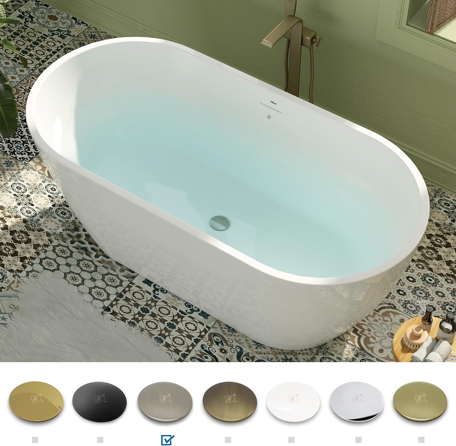FerdY 59' Bali Elite Acrylic Freestanding Bathtub with Headrest, Gracefully Shaped Soaking Bathtub, cUPC Certified, Toe-Tap Brushed Nickel Drain & Overflow & Bath Pillow Included