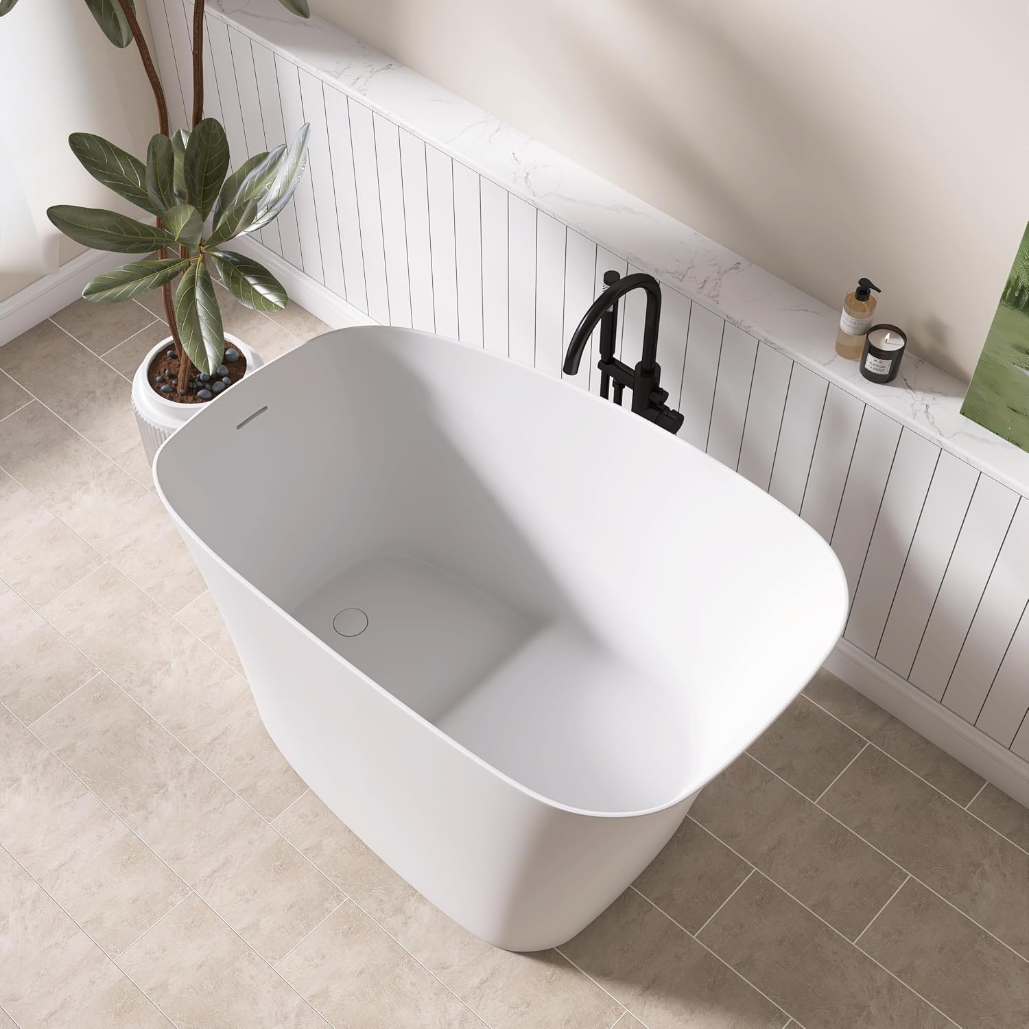 51' Japanese Soaking Bathtub with Seat, Solid Surface Matte White | Freestanding Deep Soaking Tub, Pop-Up Drain and Overflow, Resin Stone Stand Alone for Samll Bathroom