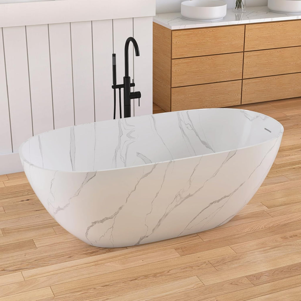 63 '' Stone Resin Freestanding Bathtub, Elegant Oval Shape Soaking Tub, Solid Surface Stand Alone Bathtub with Drain & Without overflow outlet Terrazzo Beige