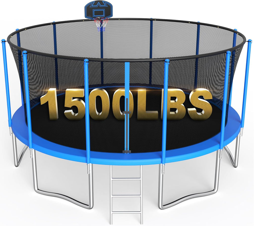SKYUP Tranpoline 1500LBS 16 15 14 12 10 8 FT Tranpoline for 7-10 Kids and Adults, Windproof Outdoor Tranpoline with Enclosure Net, Basketball Hoop, Easy to Install & Last Long - ASTM Approved